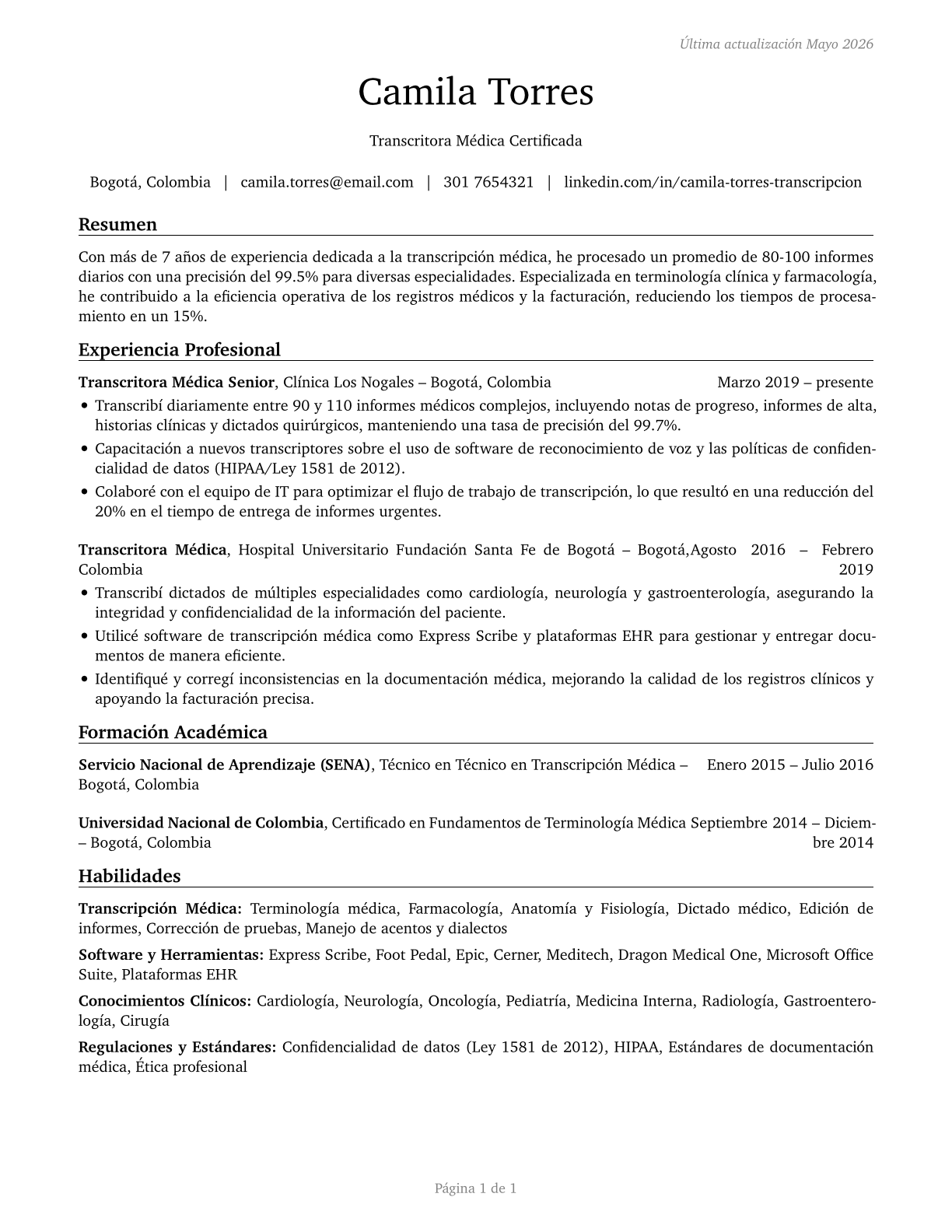 Medical Transcriptionists CV in Spanish — page 1