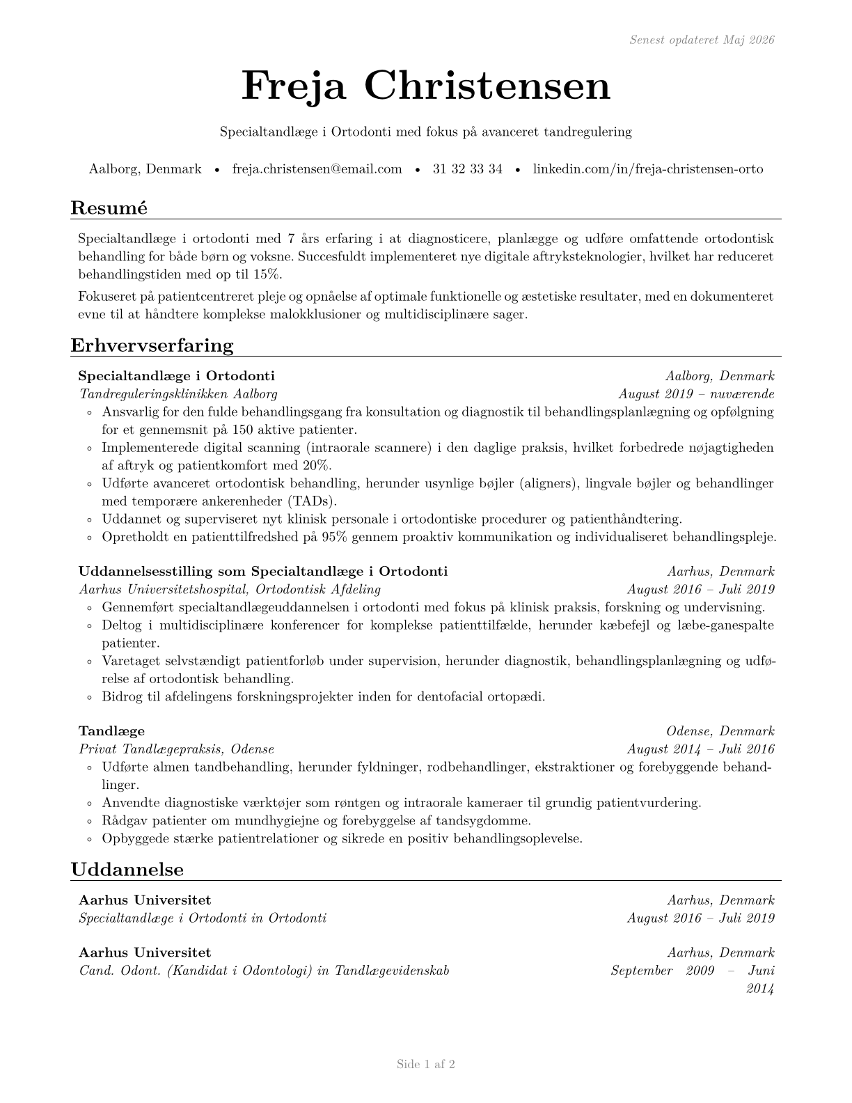 Orthodontists CV in Danish — page 1