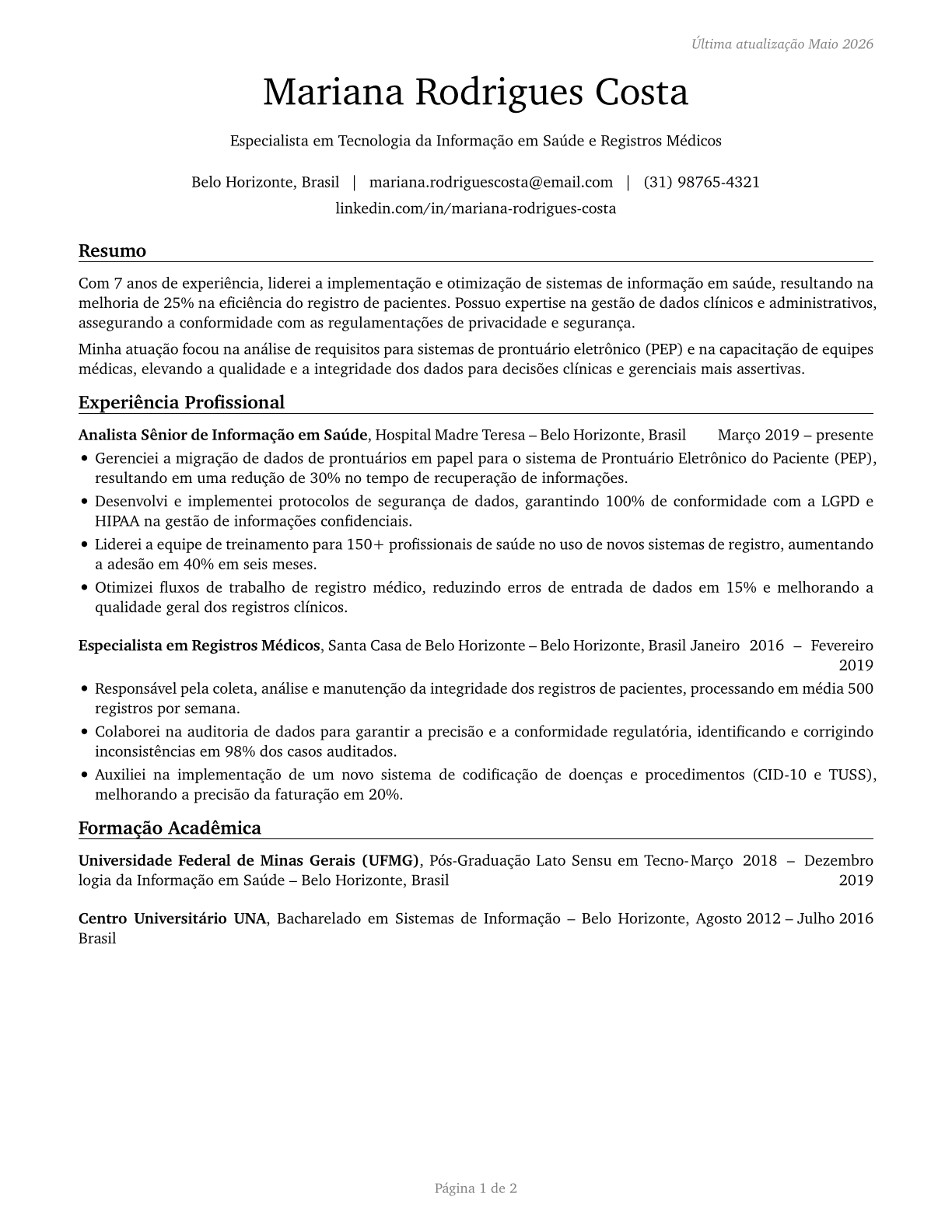 Health Information Technologists and Medical Registrars CV in Portuguese — page 1