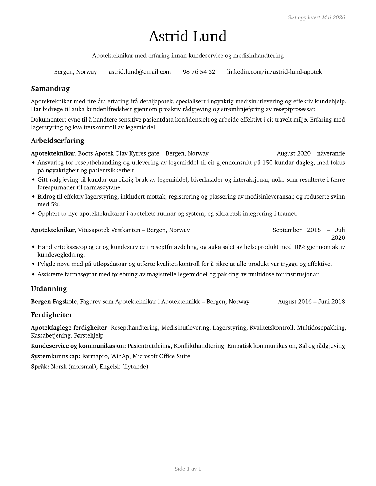 Pharmacy Aides CV in Norwegian_nynorsk — page 1