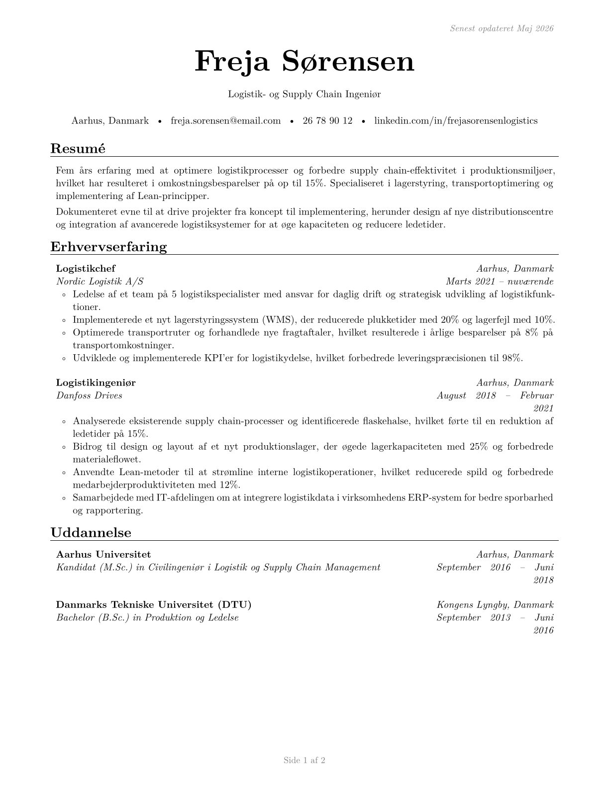 Logistics Engineers CV in Danish — page 1