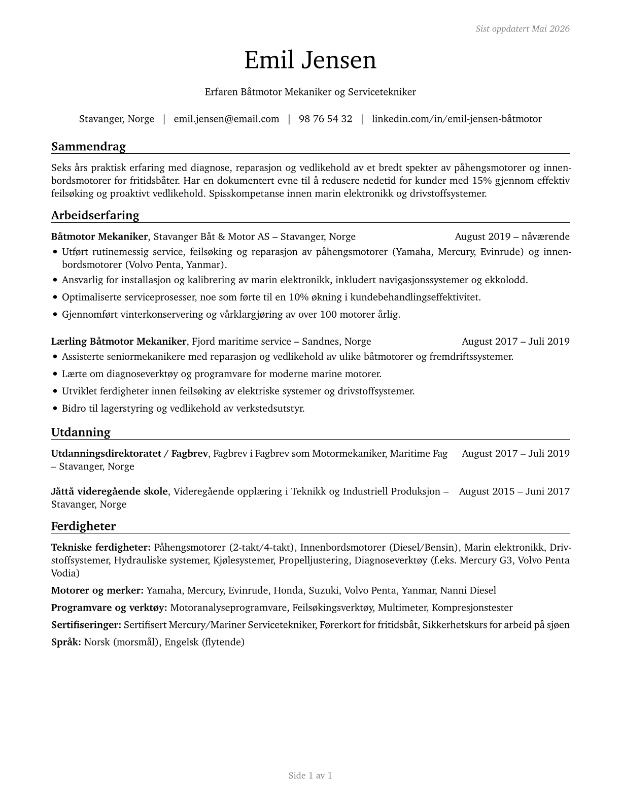 Motorboat Mechanics and Service Technicians CV in Norwegian_bokmal — page 1