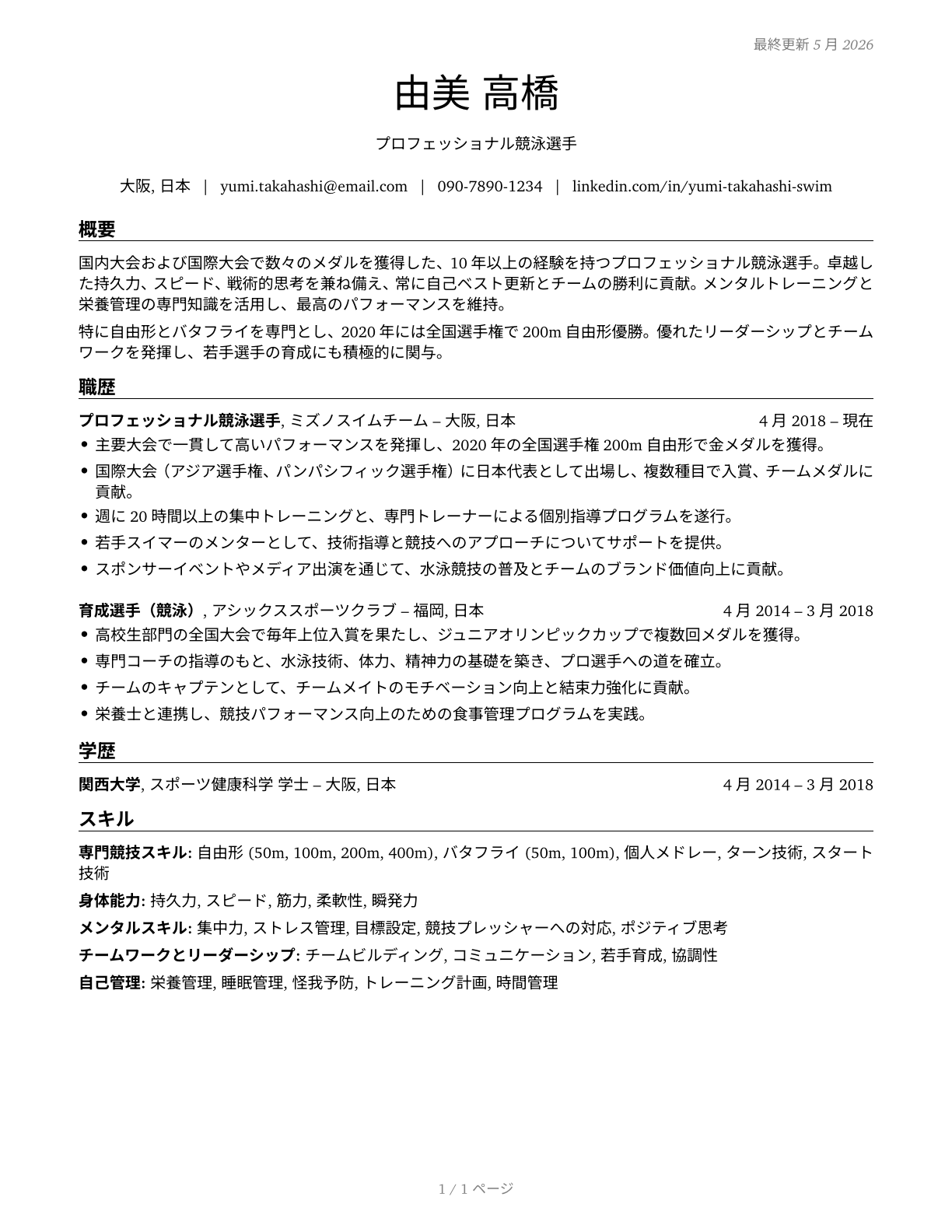 Athletes and Sports Competitors CV in Japanese — page 1