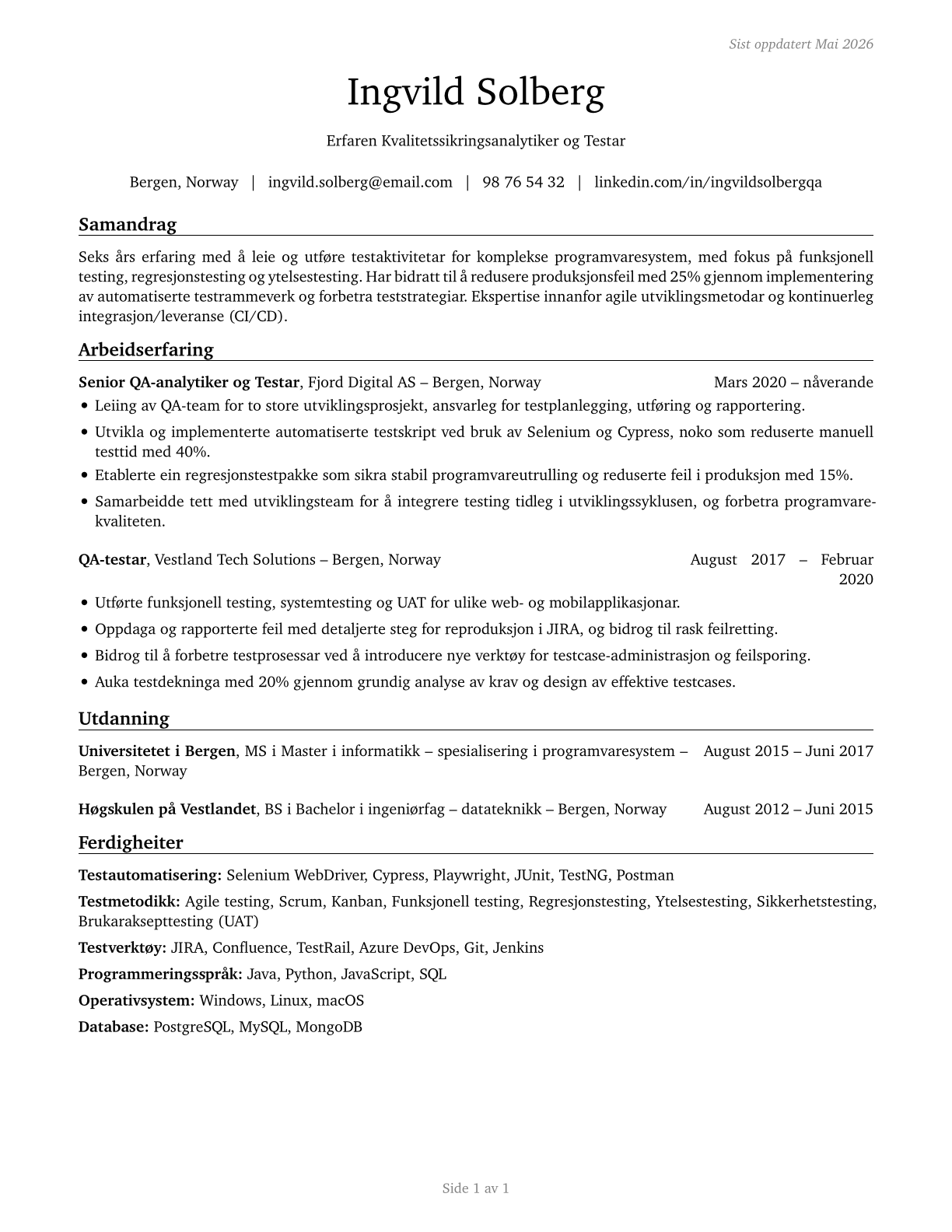 Software Quality Assurance Analysts and Testers CV in Norwegian_nynorsk — page 1