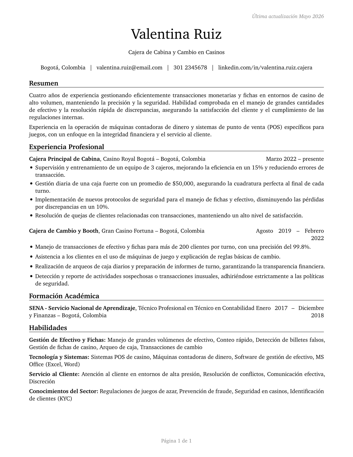Gambling Change Persons and Booth Cashiers CV in Spanish — page 1