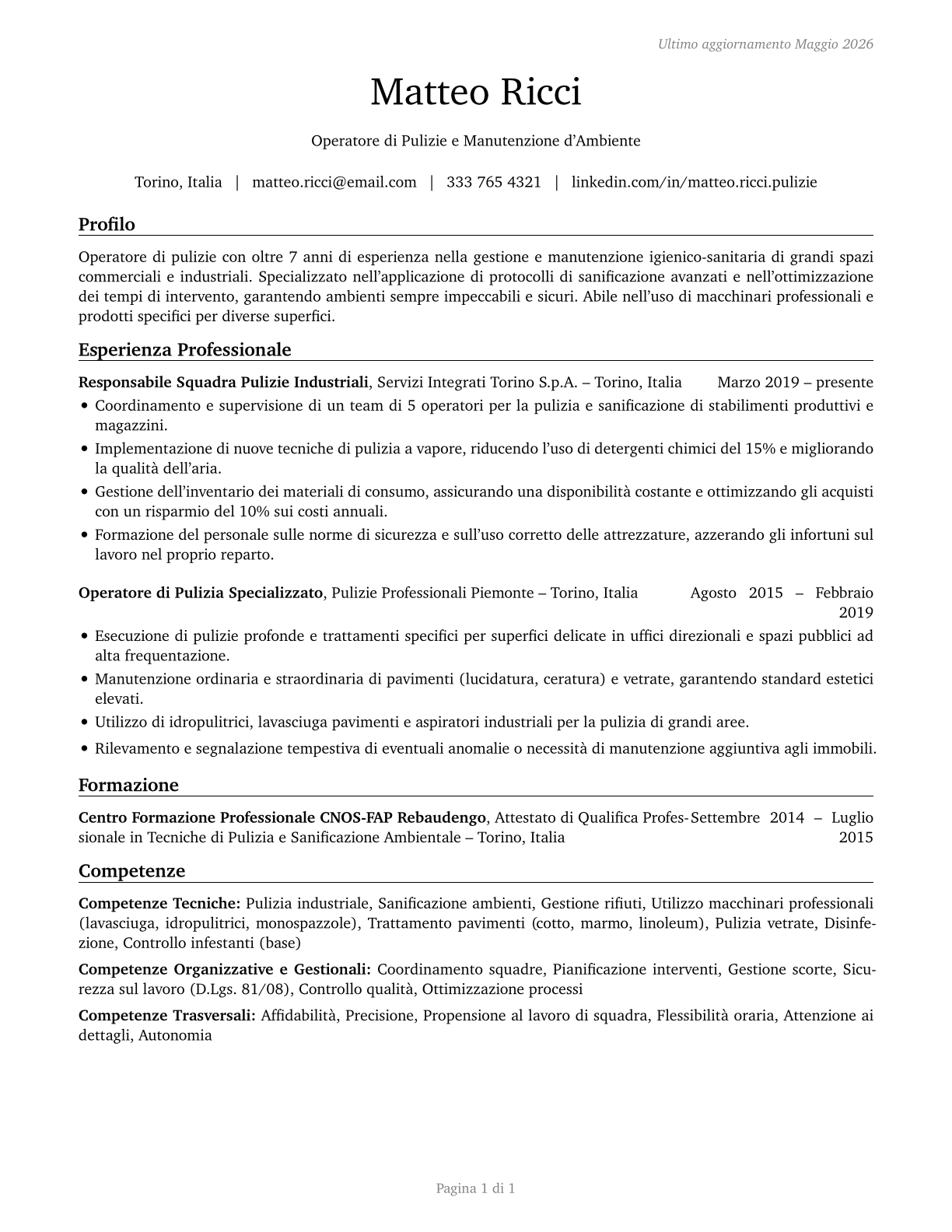 Janitors and Cleaners, Except Maids and Housekeeping Cleaners CV in Italian — page 1