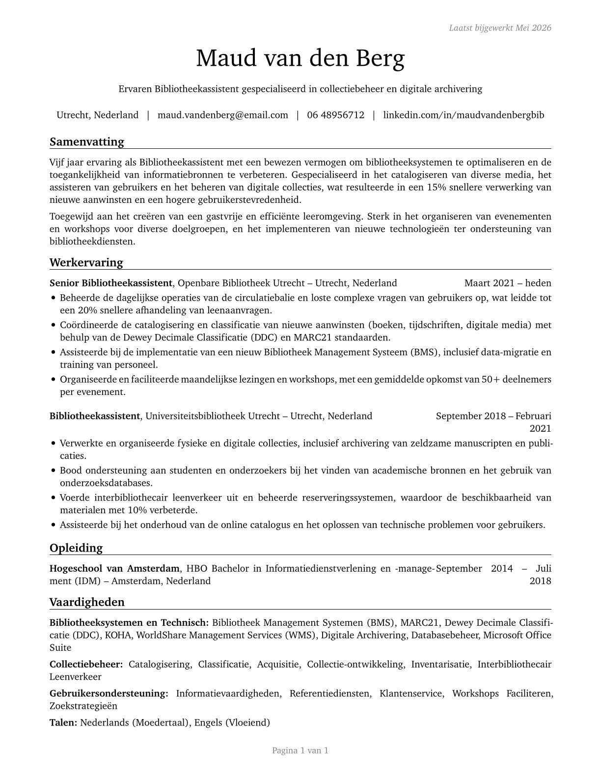 Library Technicians CV in Dutch — page 1