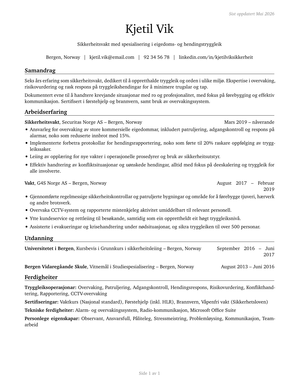 Security Guards CV in Norwegian_nynorsk — page 1