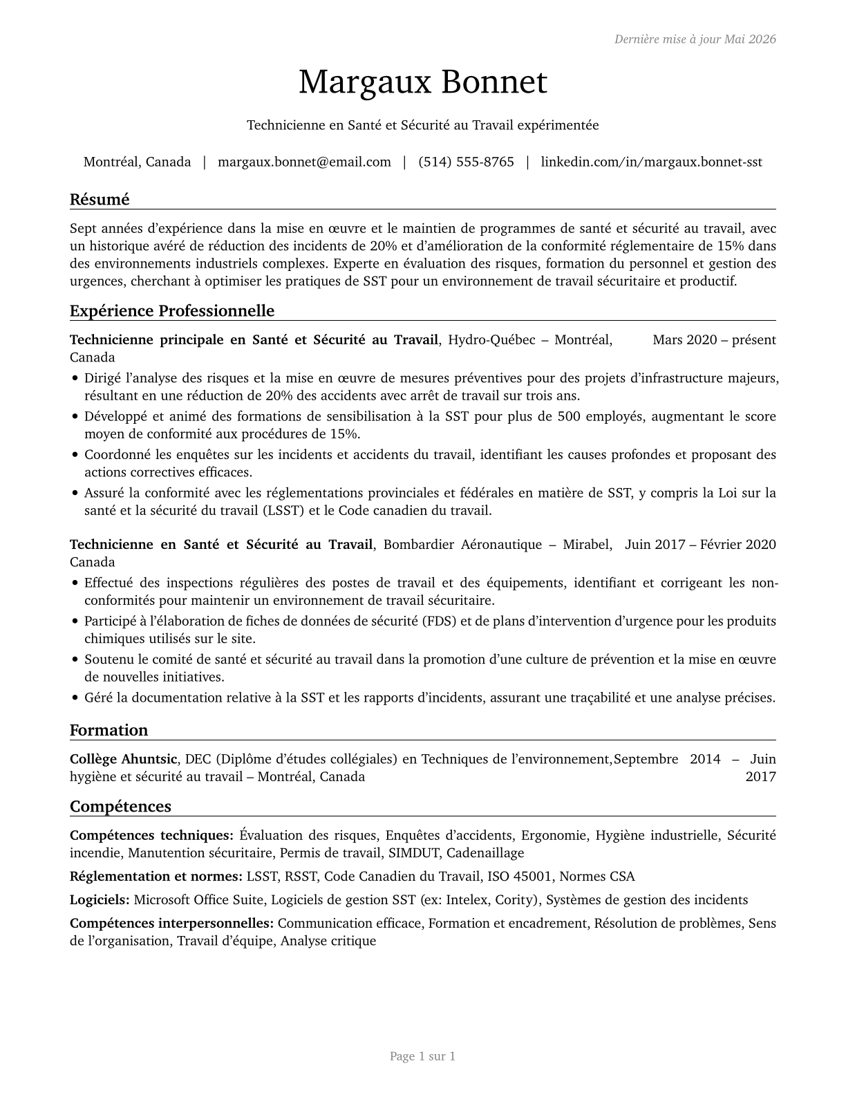 Occupational Health and Safety Technicians CV in French — page 1