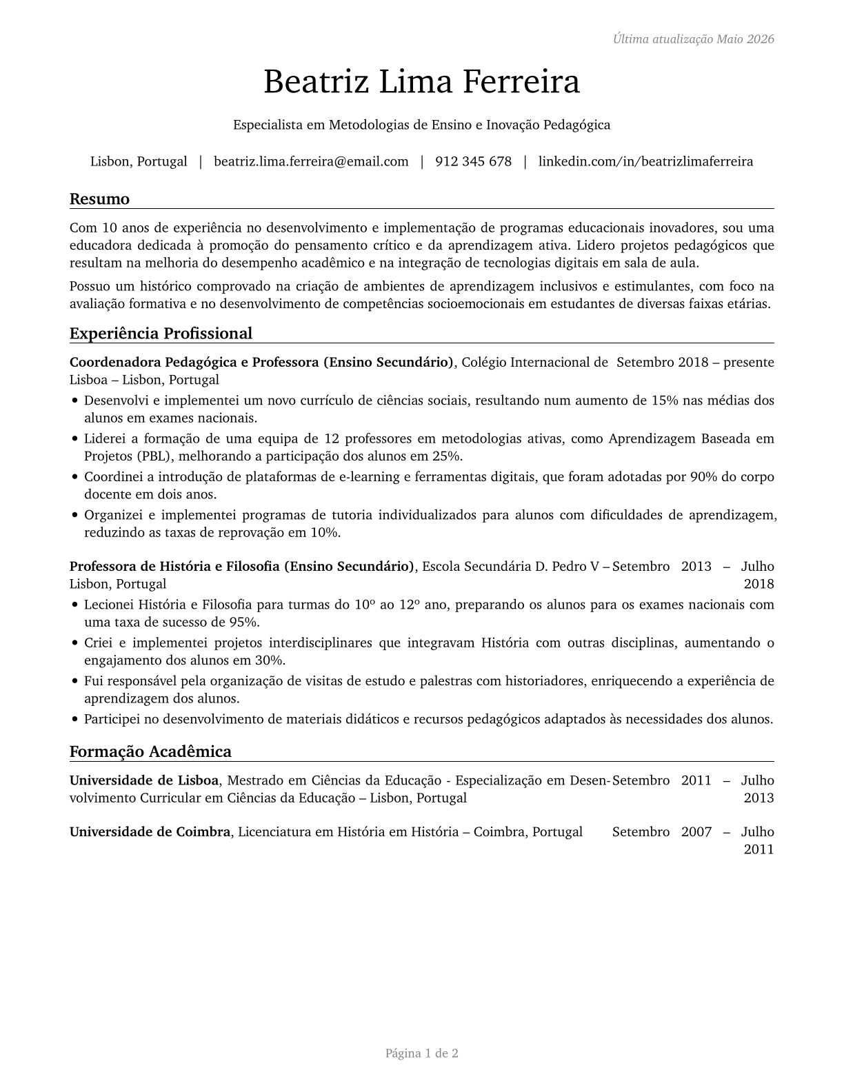 Teachers and Instructors, All Other CV in Portuguese — page 1