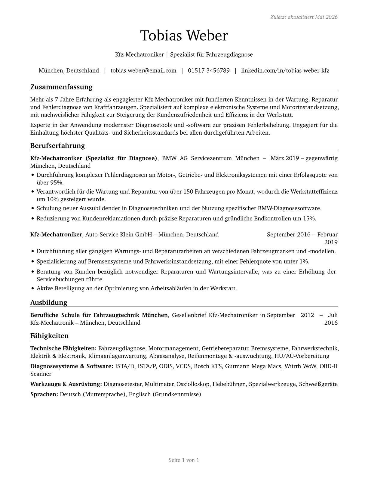 Automotive Service Technicians and Mechanics CV in German — page 1