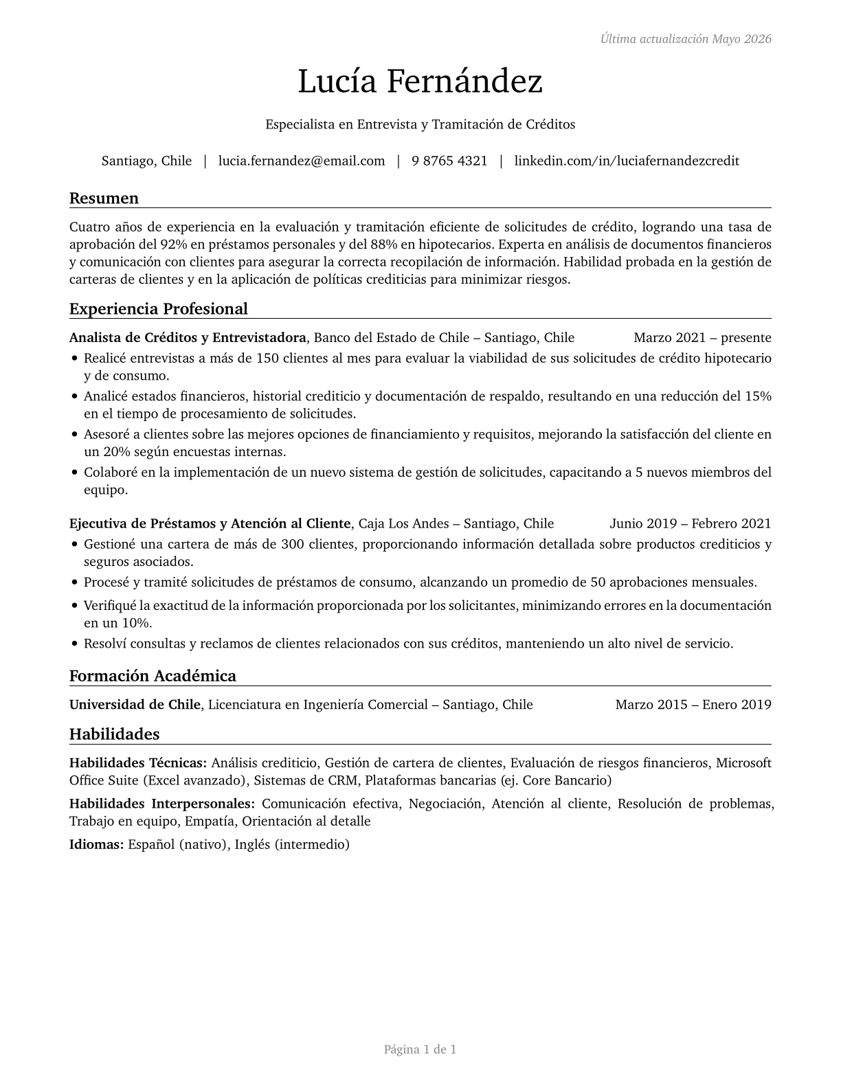 Loan Interviewers and Clerks CV in Spanish — page 1