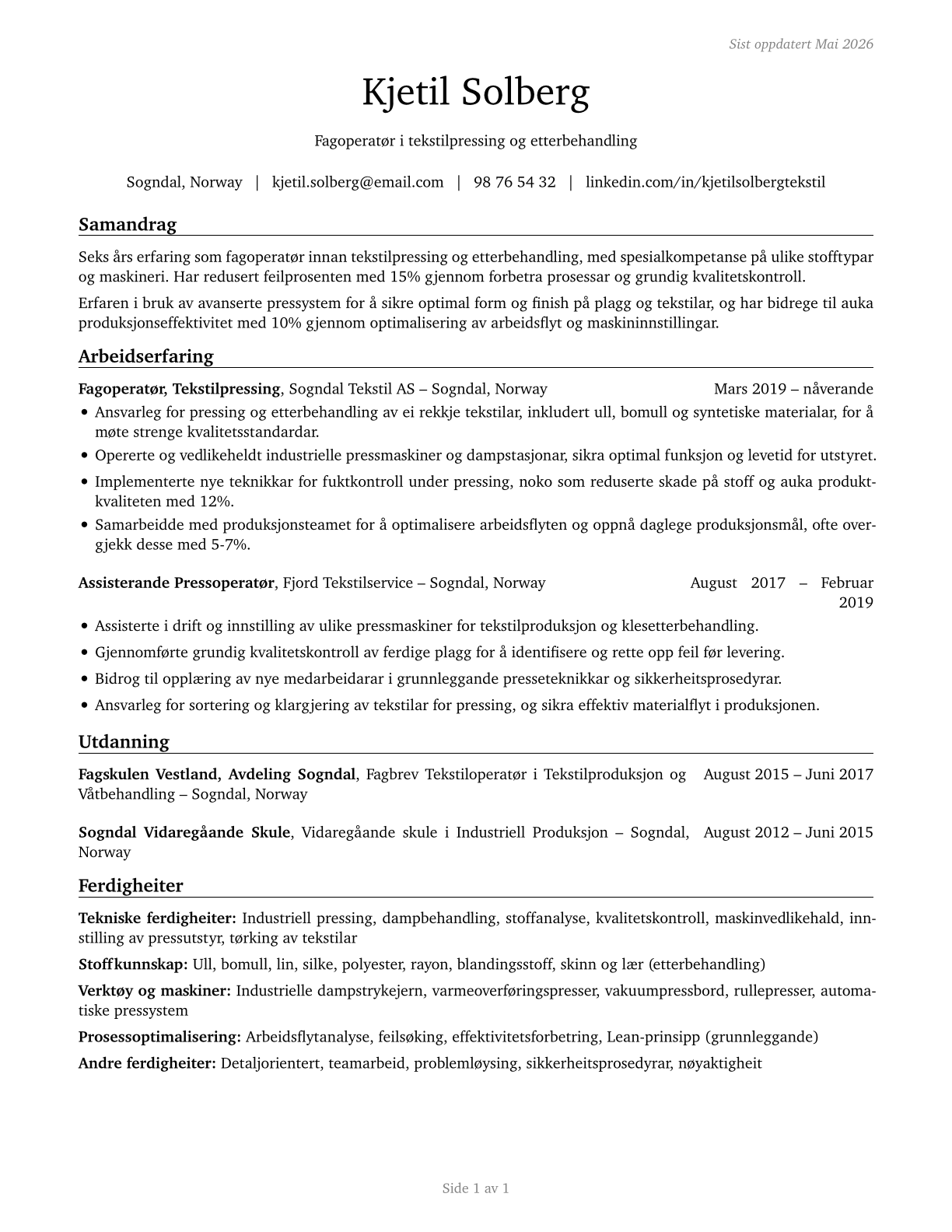 Pressers, Textile, Garment, and Related Materials CV in Norwegian_nynorsk — page 1