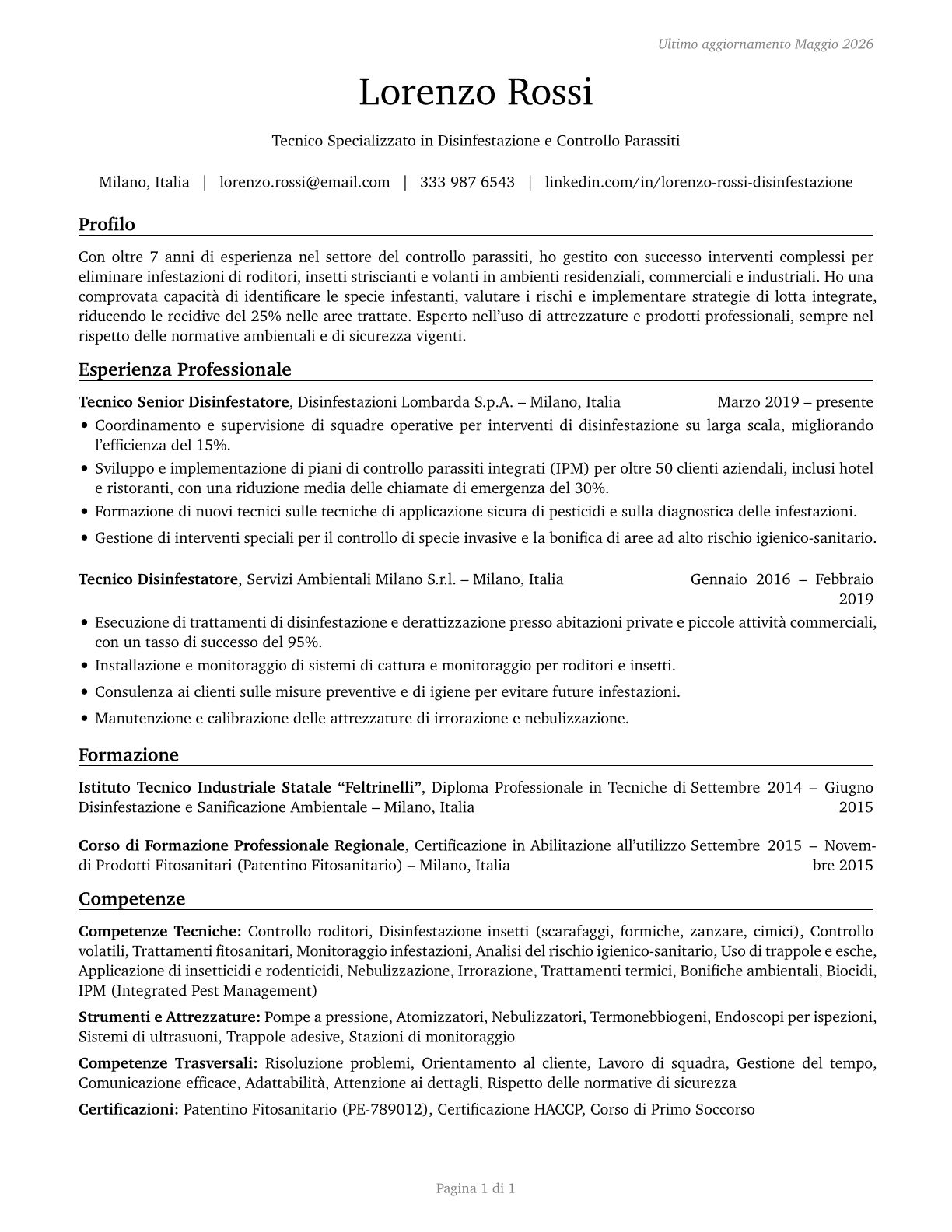 Pest Control Workers CV in Italian — page 1