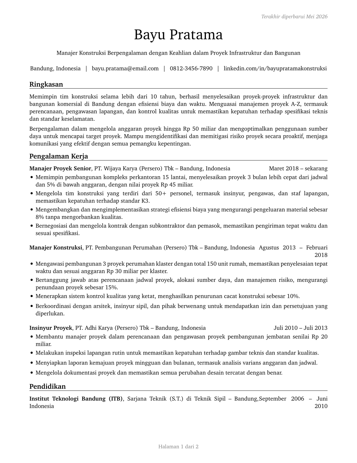 Construction Managers CV in Indonesian — page 1