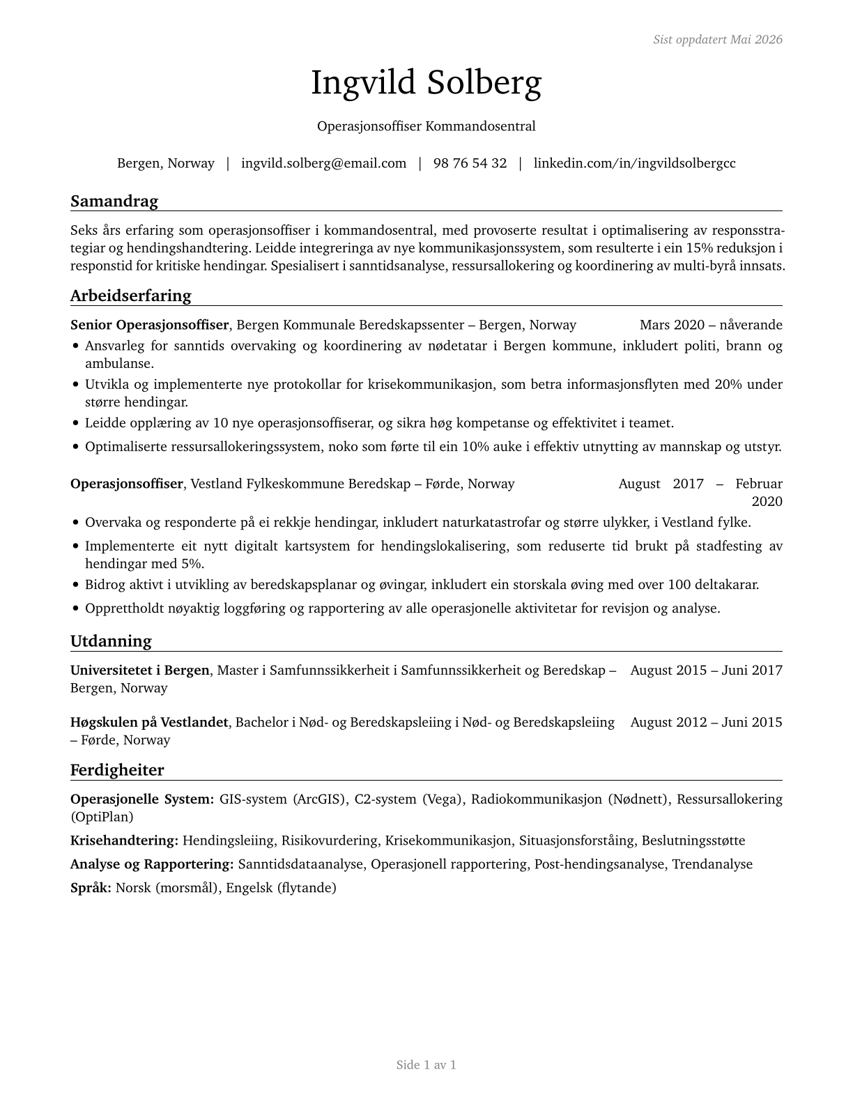 Command and Control Center Officers CV in Norwegian_nynorsk — page 1
