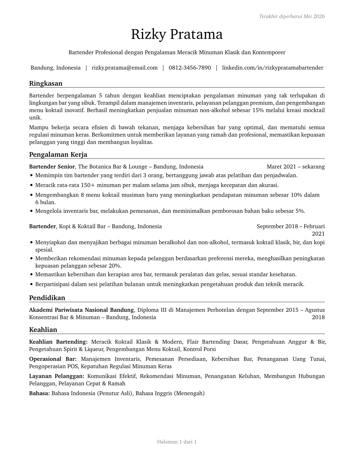 Bartenders CV in Indonesian — page 1