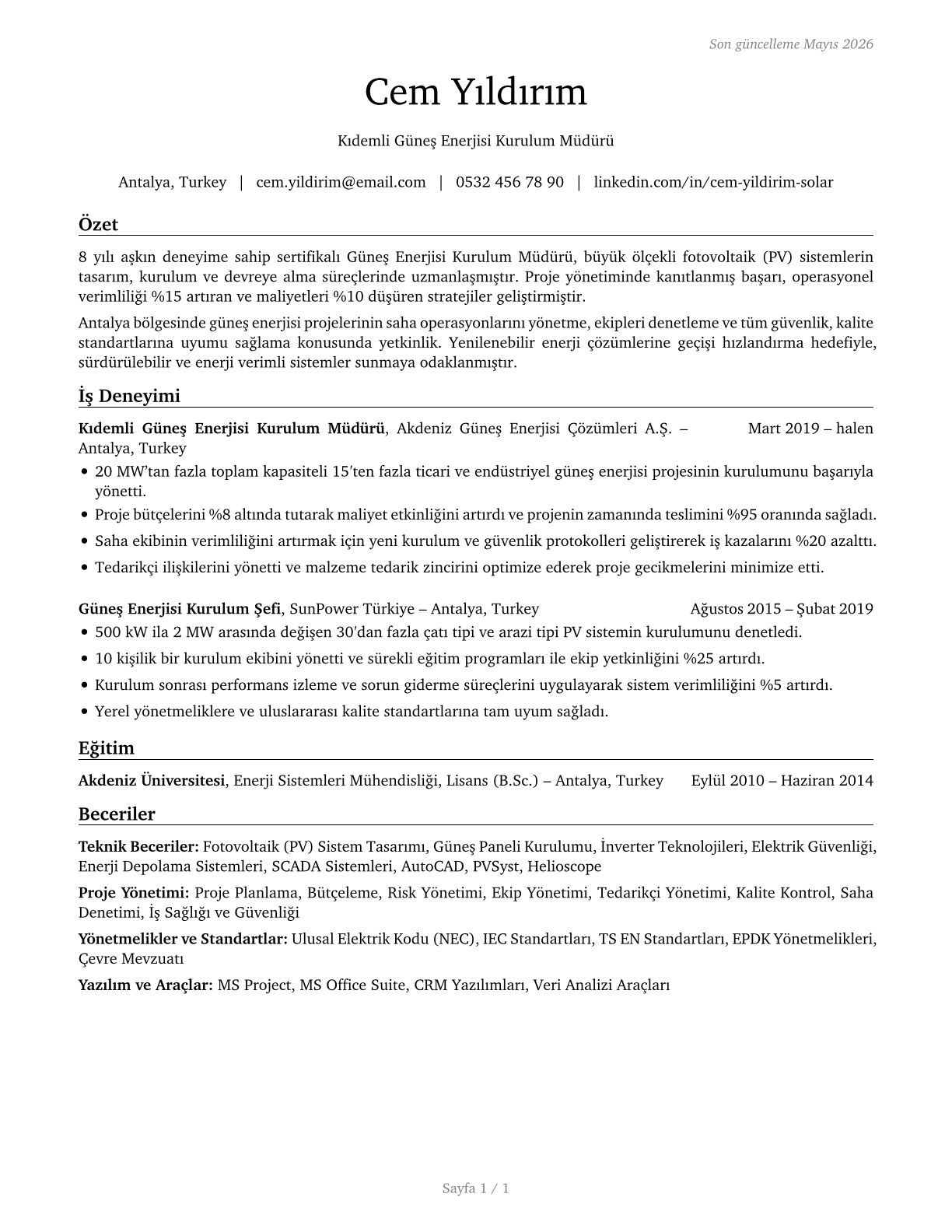 Solar Energy Installation Managers CV in Turkish — page 1