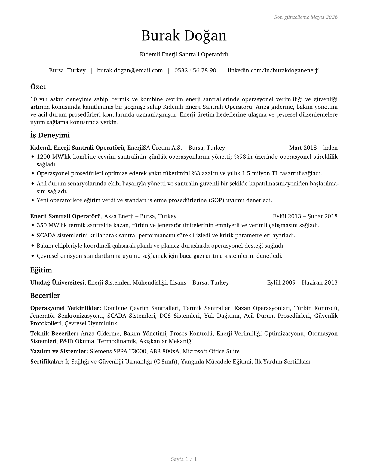 Power Plant Operators CV in Turkish — page 1