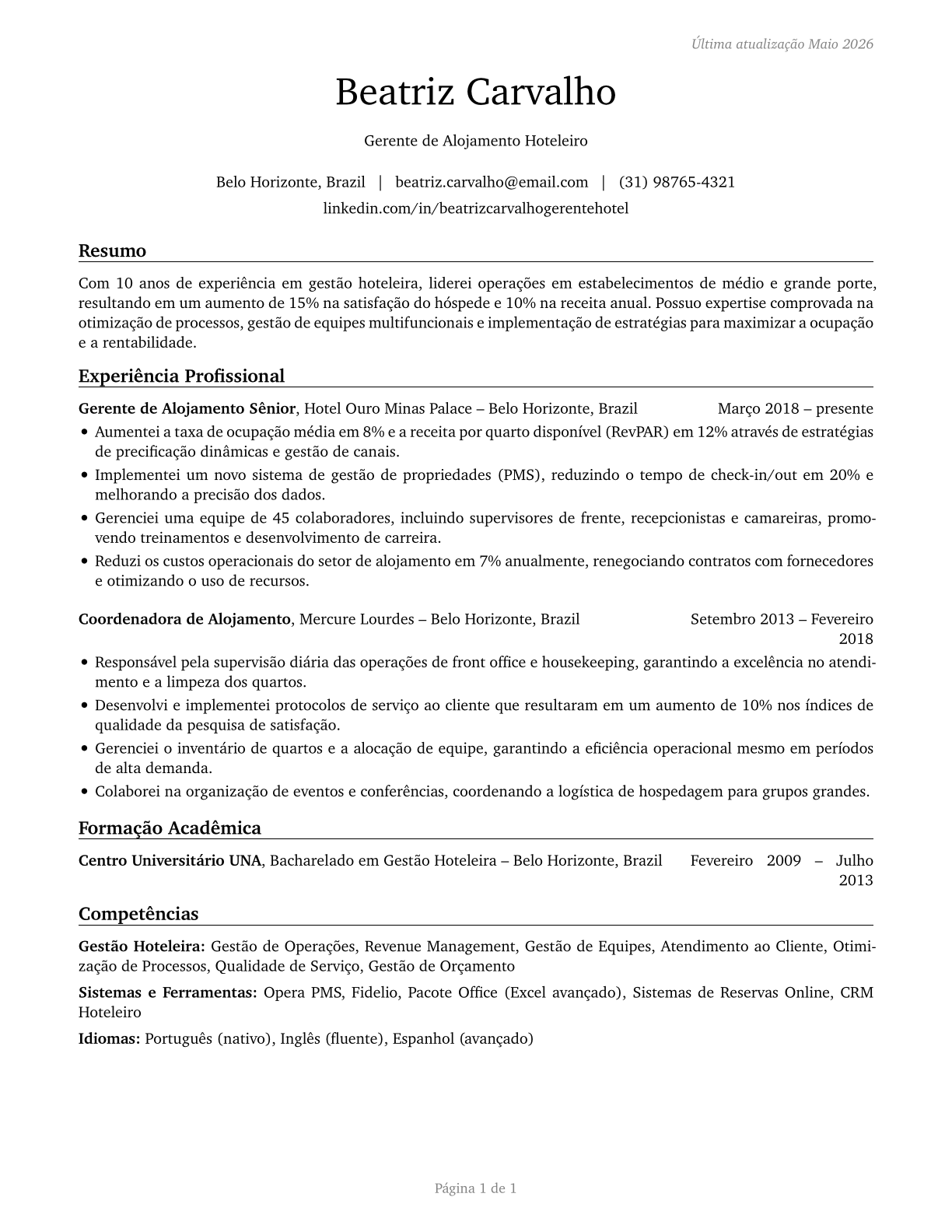 Lodging Managers CV in Portuguese — page 1