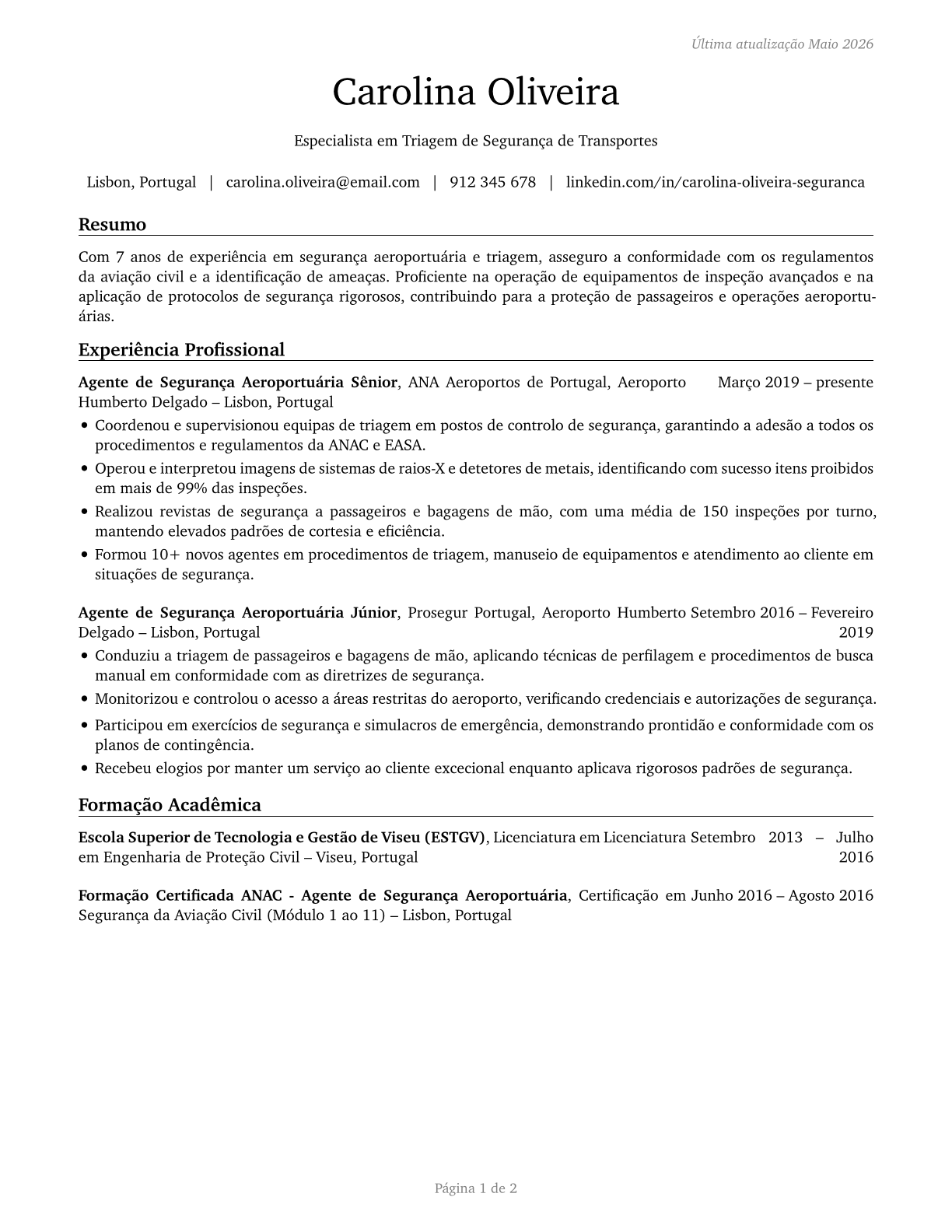 Transportation Security Screeners CV in Portuguese — page 1