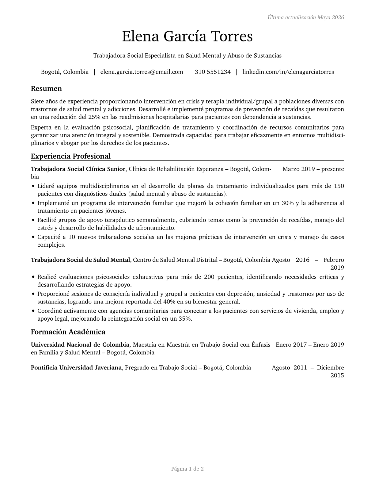 Mental Health and Substance Abuse Social Workers CV in Spanish — page 1