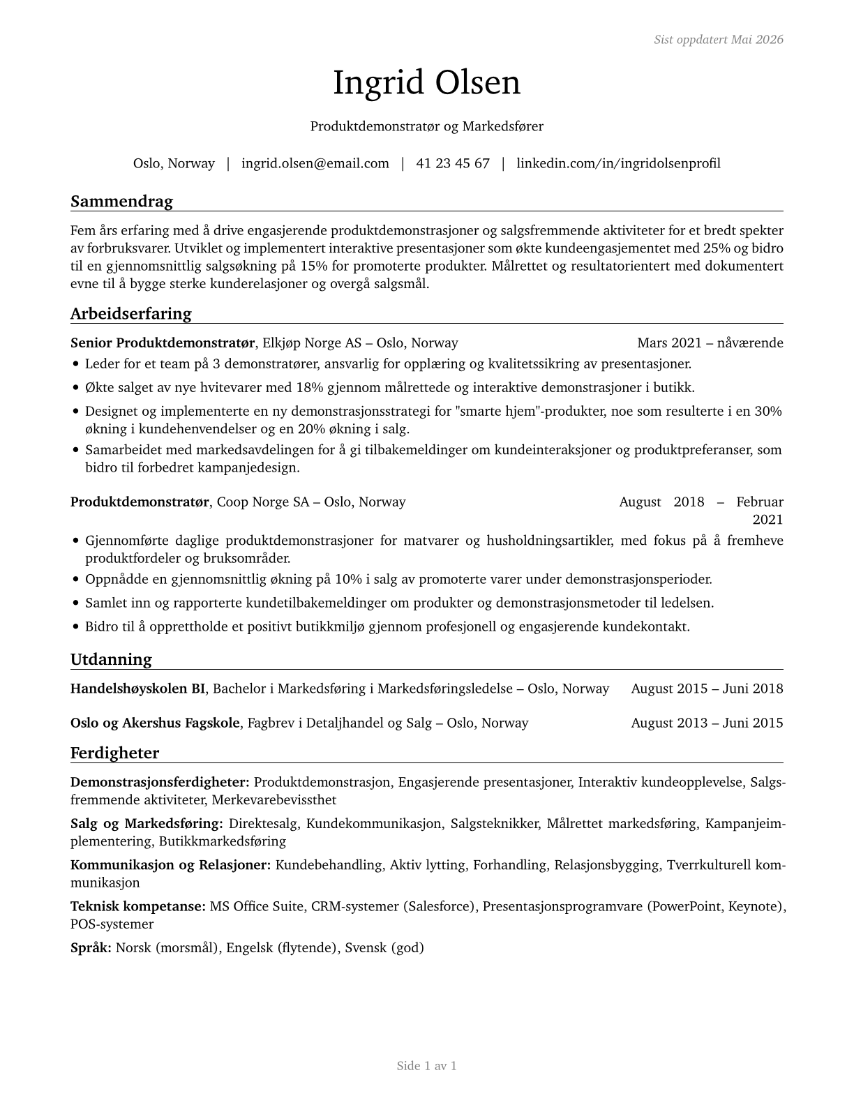 Demonstrators and Product Promoters CV in Norwegian_bokmal — page 1