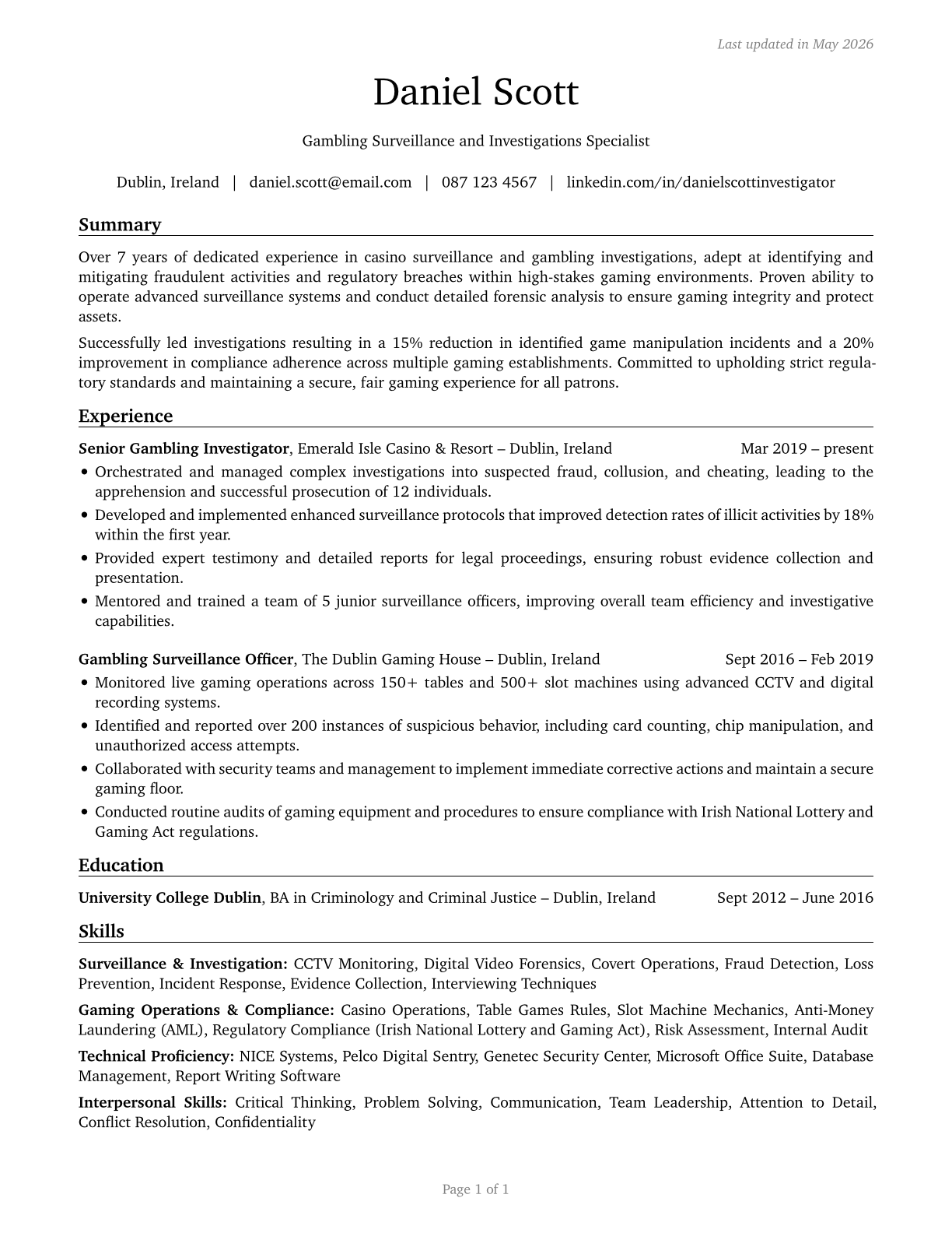 Gambling Surveillance Officers and Gambling Investigators CV in English — page 1