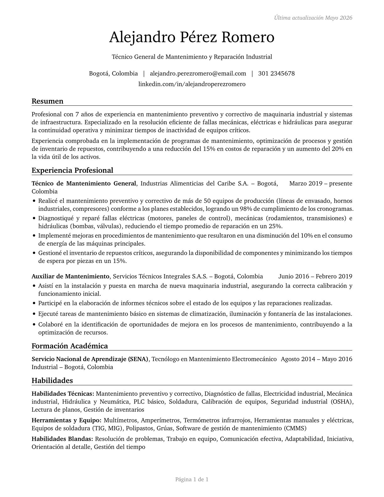 Maintenance and Repair Workers, General CV in Spanish — page 1