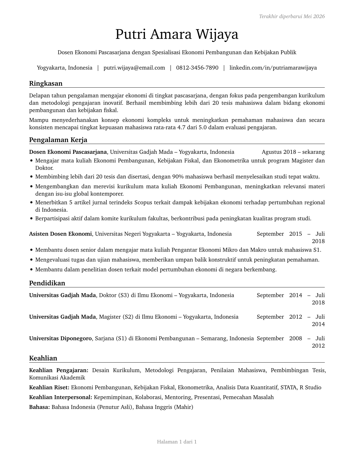 Economics Teachers, Postsecondary CV in Indonesian — page 1