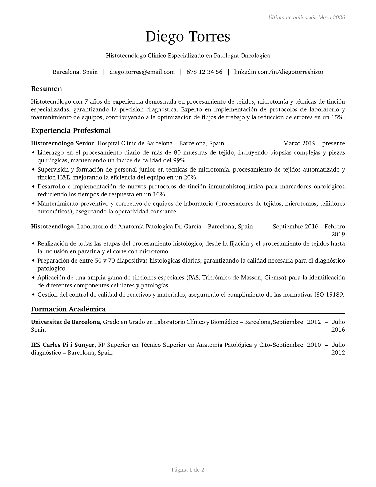 Histotechnologists CV in Spanish — page 1