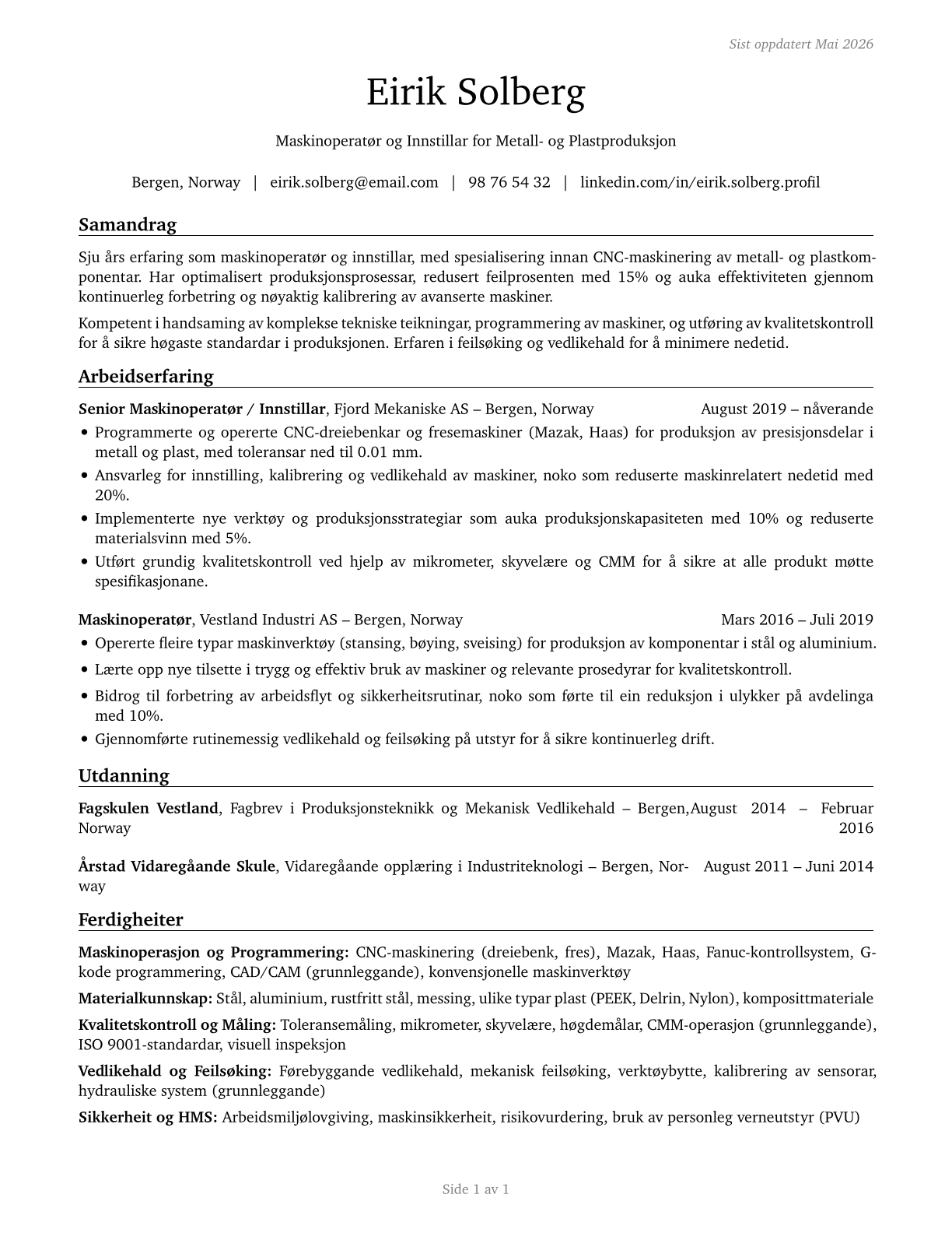 Multiple Machine Tool Setters, Operators, and Tenders, Metal and Plastic CV in Norwegian_nynorsk — page 1