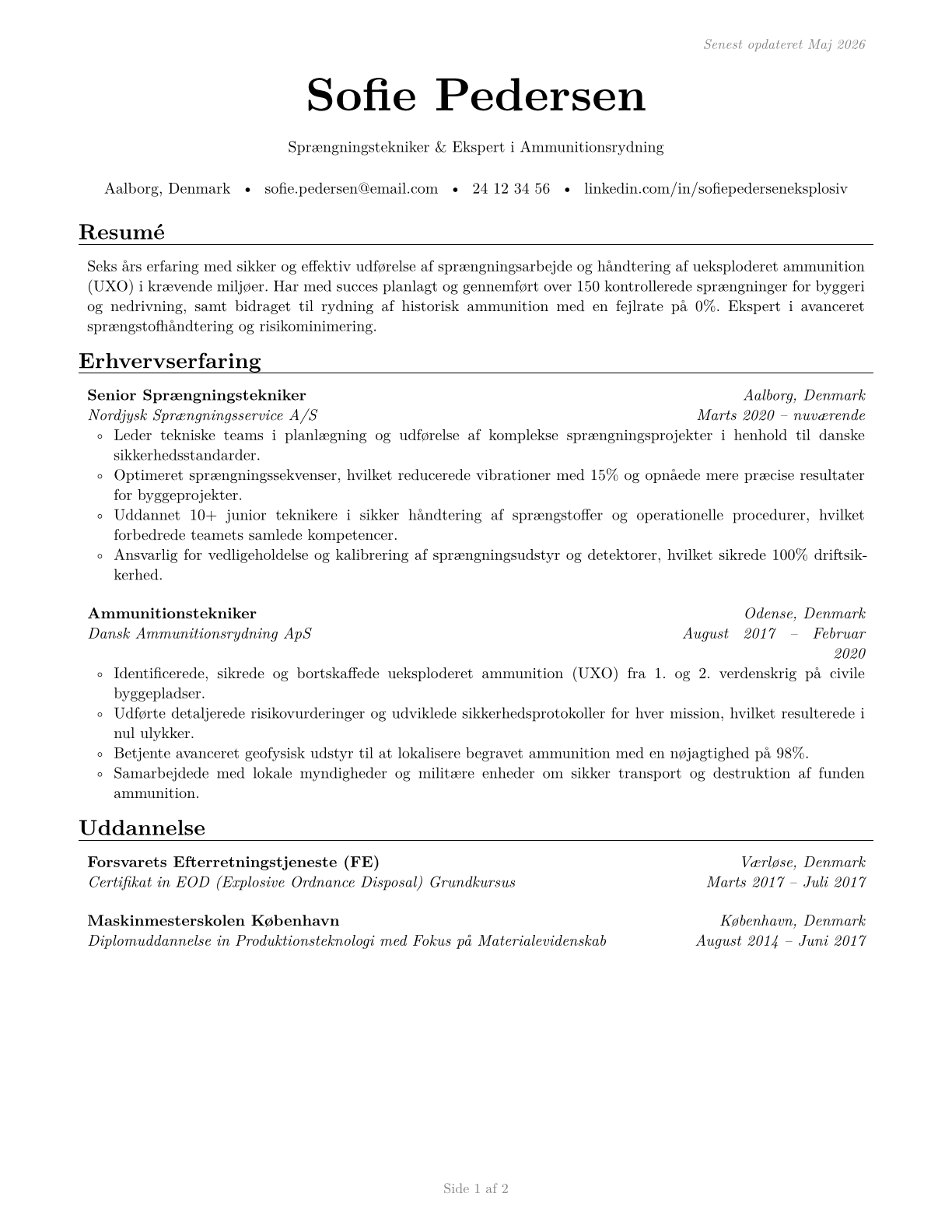 Explosives Workers, Ordnance Handling Experts, and Blasters CV in Danish — page 1