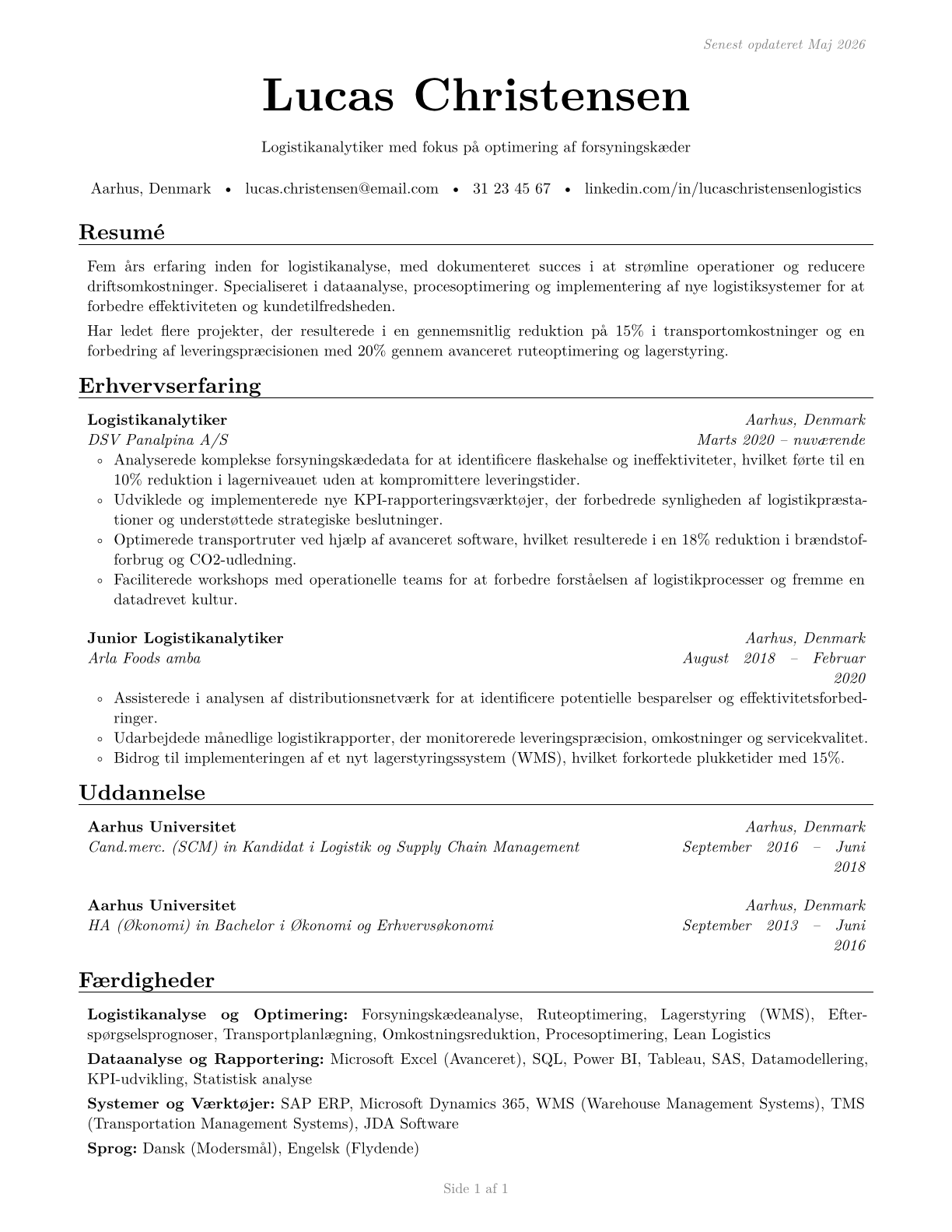 Logistics Analysts CV in Danish — page 1