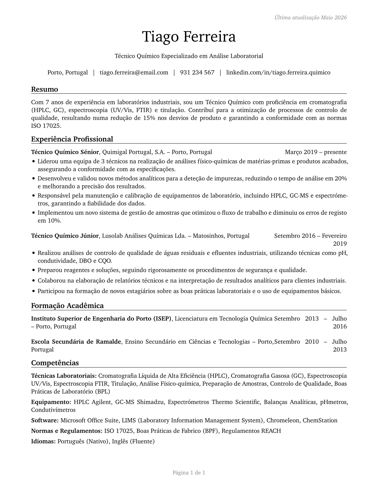 Chemical Technicians CV in Portuguese — page 1