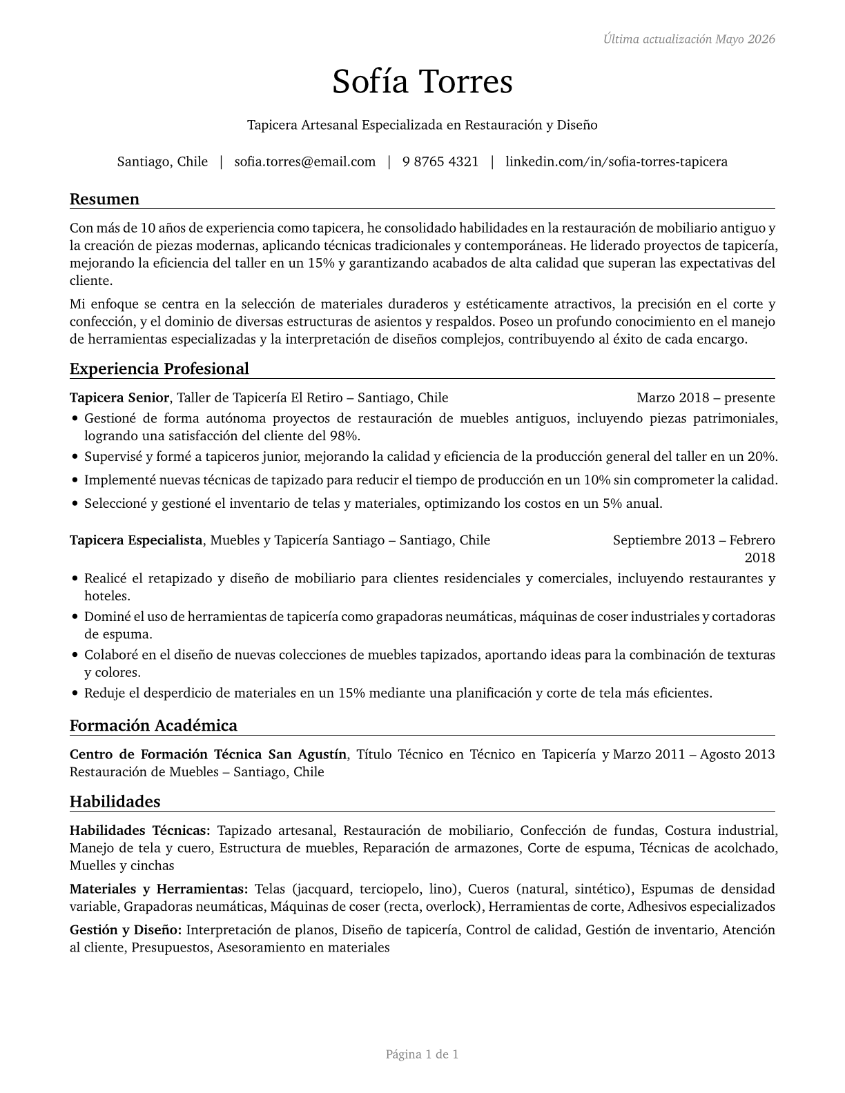 Upholsterers CV in Spanish — page 1
