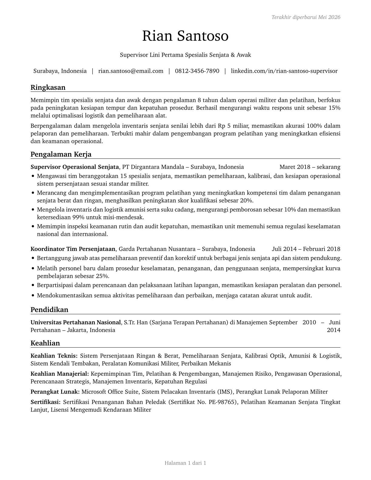 First-Line Supervisors of Weapons Specialists/Crew Members CV in Indonesian — page 1