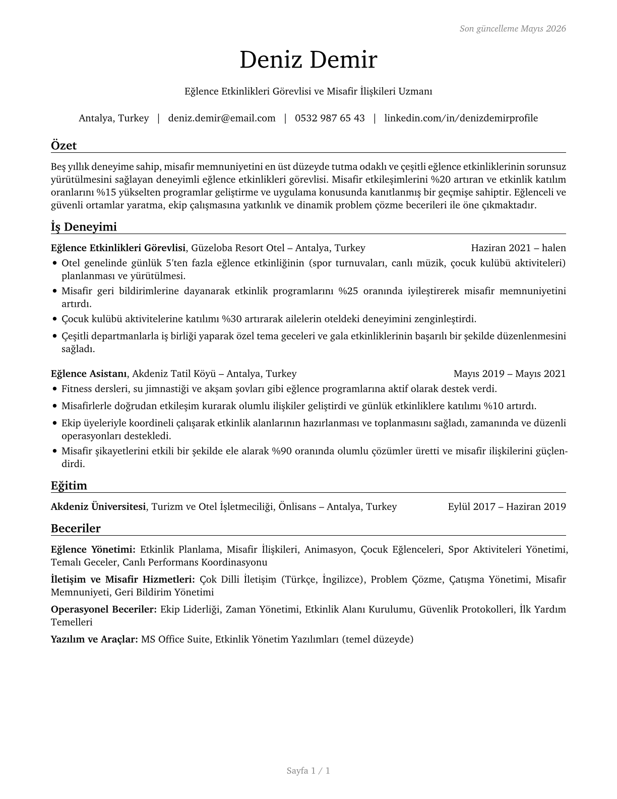 Entertainment Attendants and Related Workers, All Other CV in Turkish — page 1