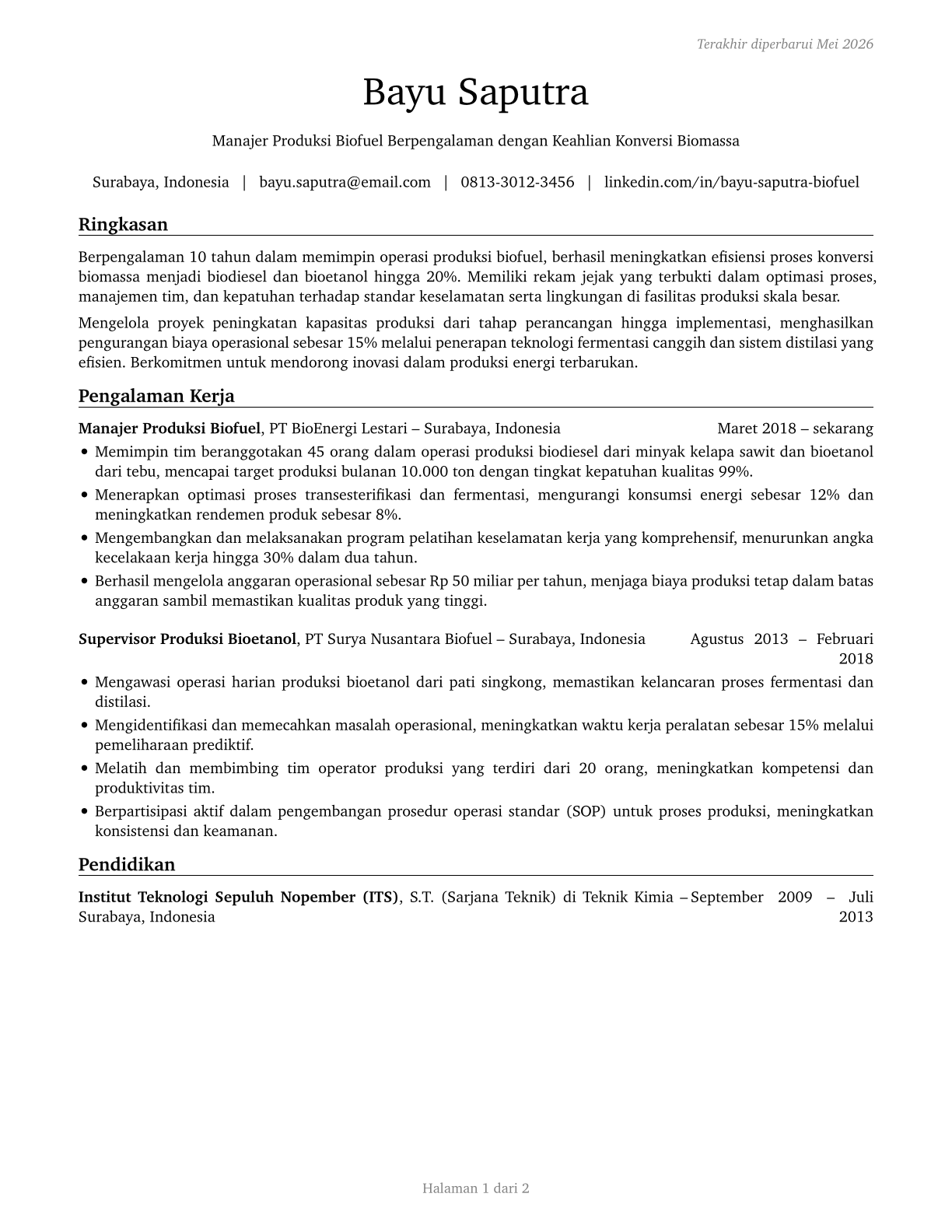 Biofuels Production Managers CV in Indonesian — page 1