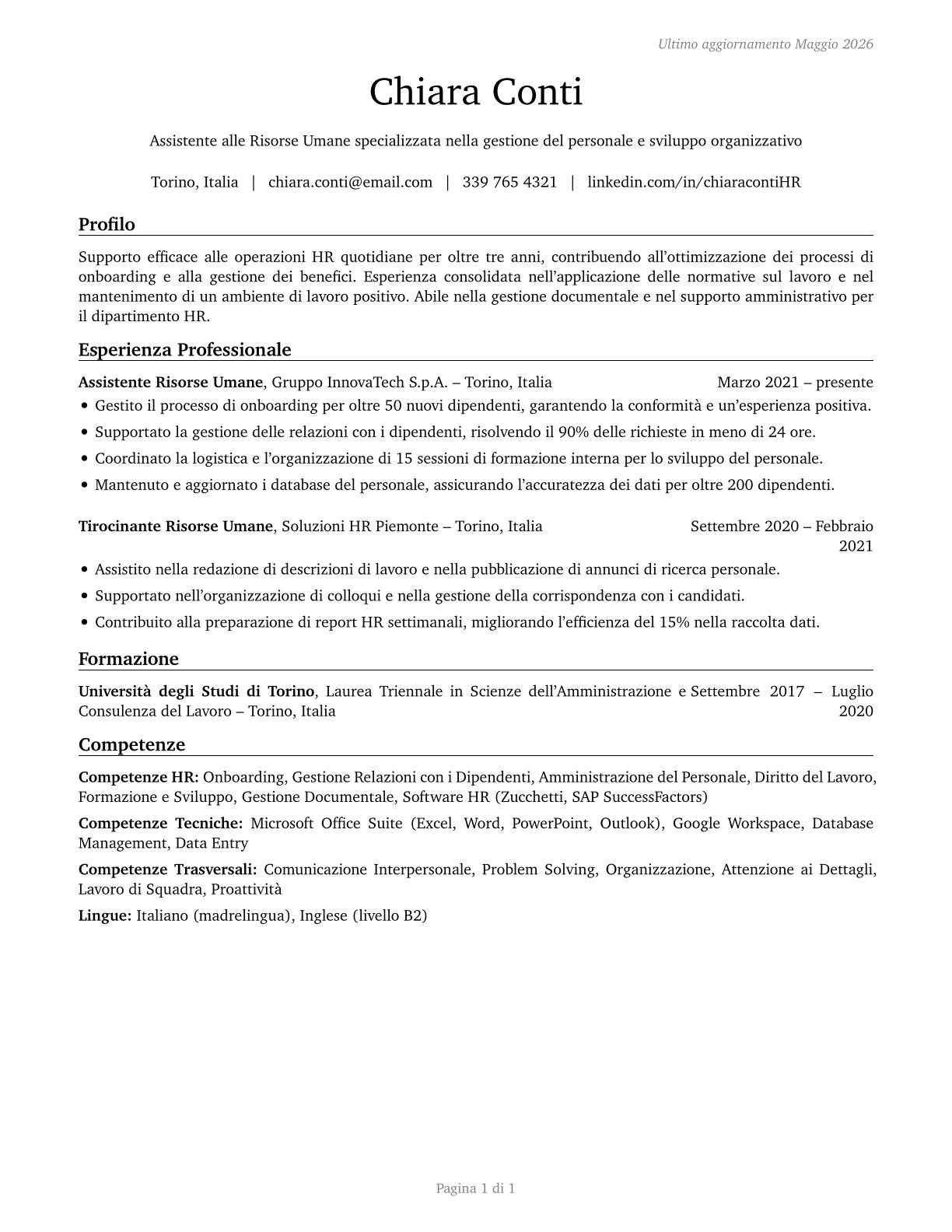 Human Resources Assistants, Except Payroll and Timekeeping CV in Italian — page 1