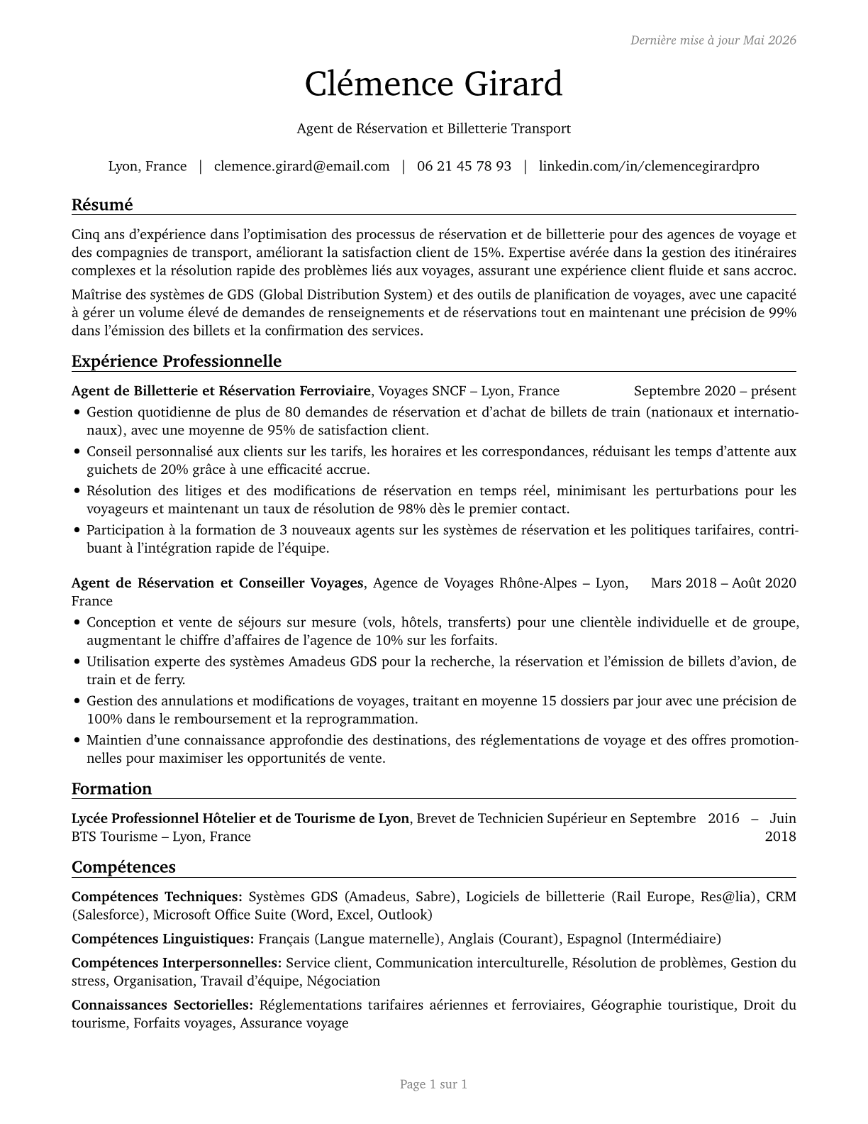 Reservation and Transportation Ticket Agents and Travel Clerks CV in French — page 1