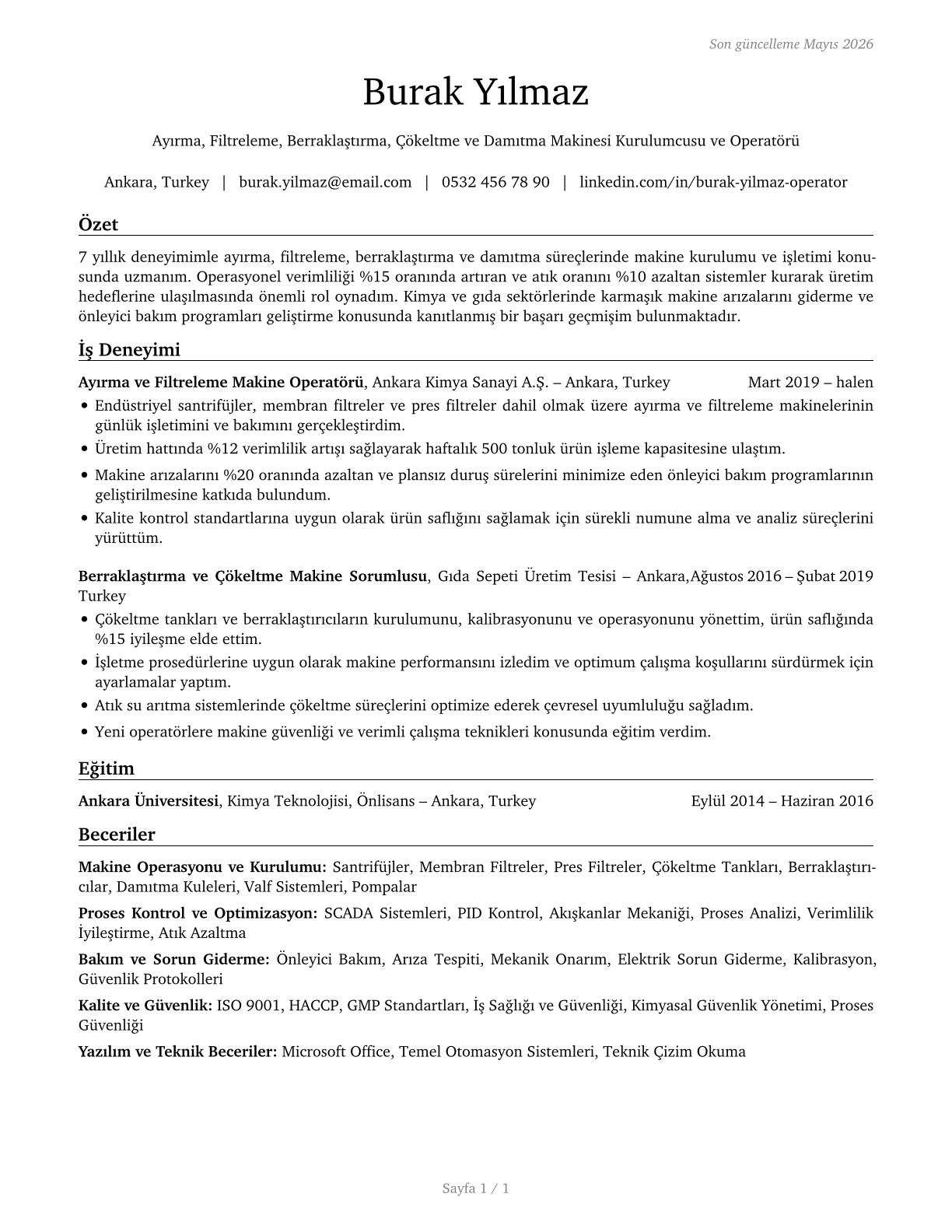 Separating, Filtering, Clarifying, Precipitating, and Still Machine Setters, Operators, and Tenders CV in Turkish — page 1