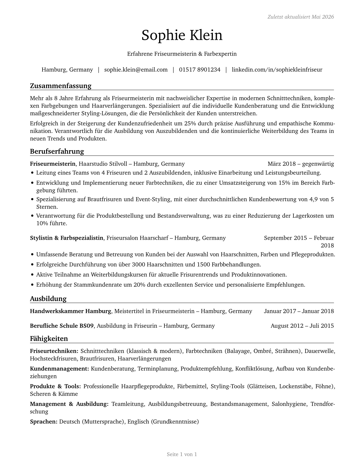 Hairdressers, Hairstylists, and Cosmetologists CV in German — page 1