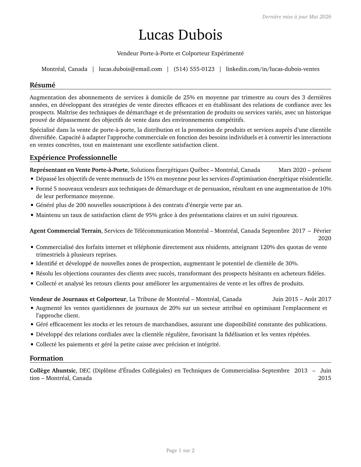 Door-to-Door Sales Workers, News and Street Vendors, and Related Workers CV in French — page 1