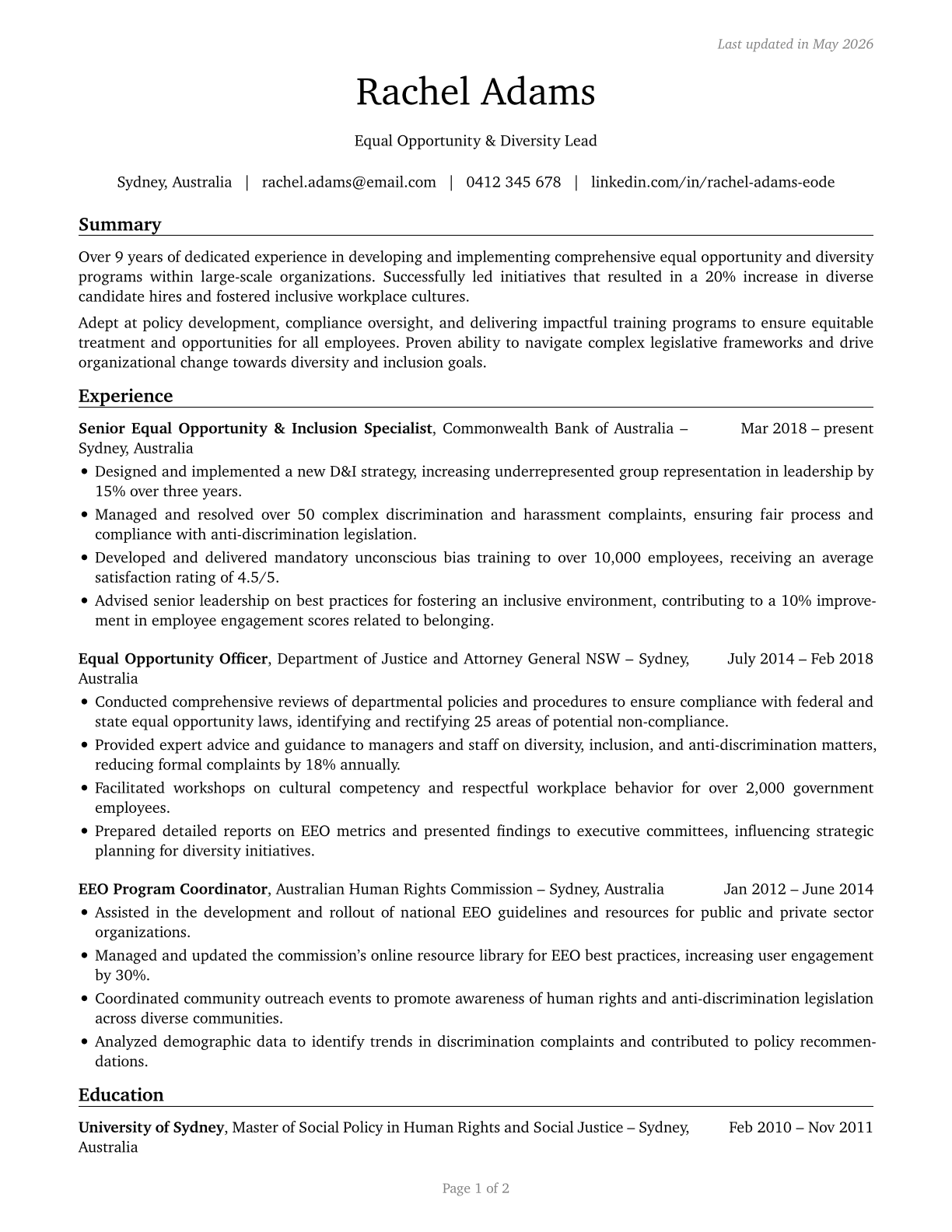Equal Opportunity Representatives and Officers CV in English — page 1