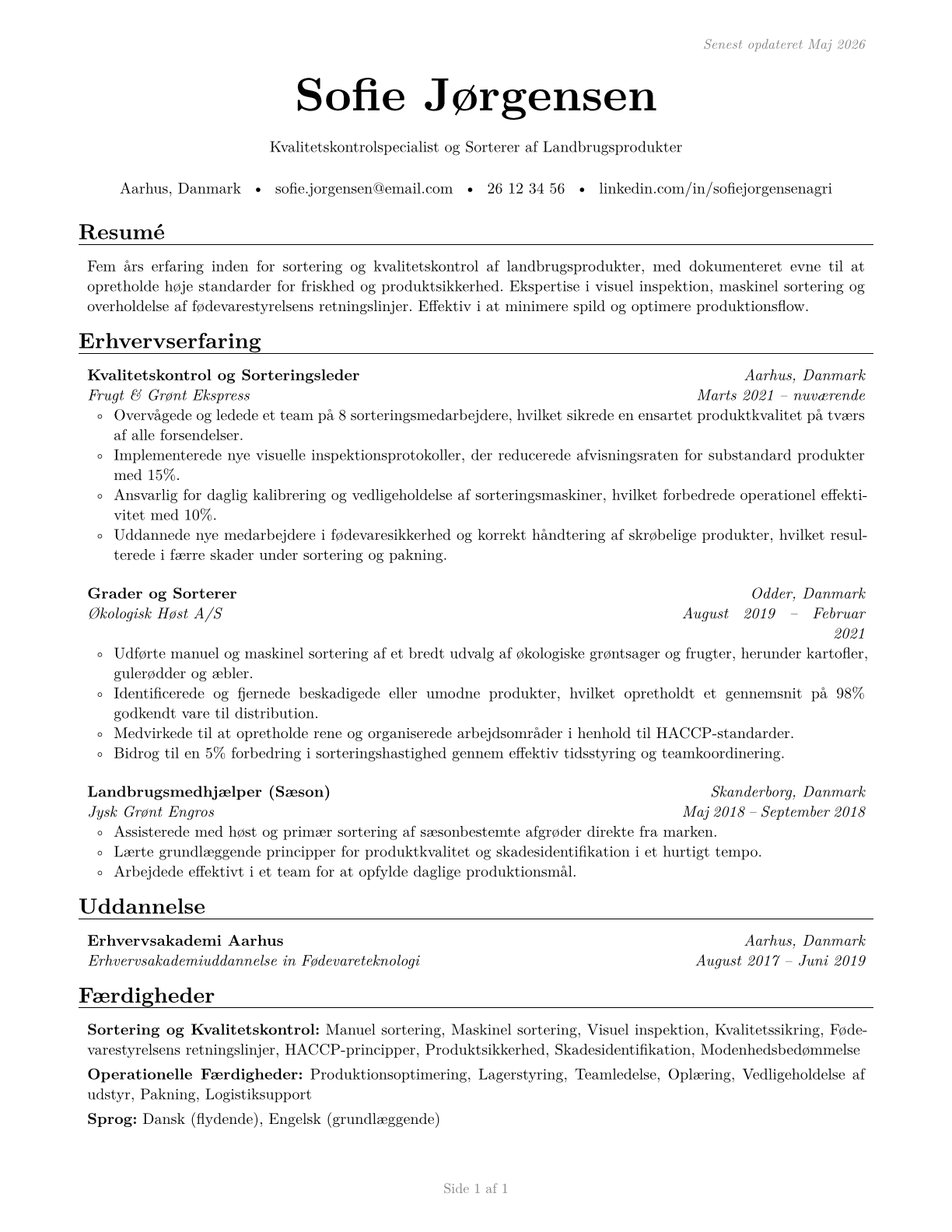 Graders and Sorters, Agricultural Products CV in Danish — page 1