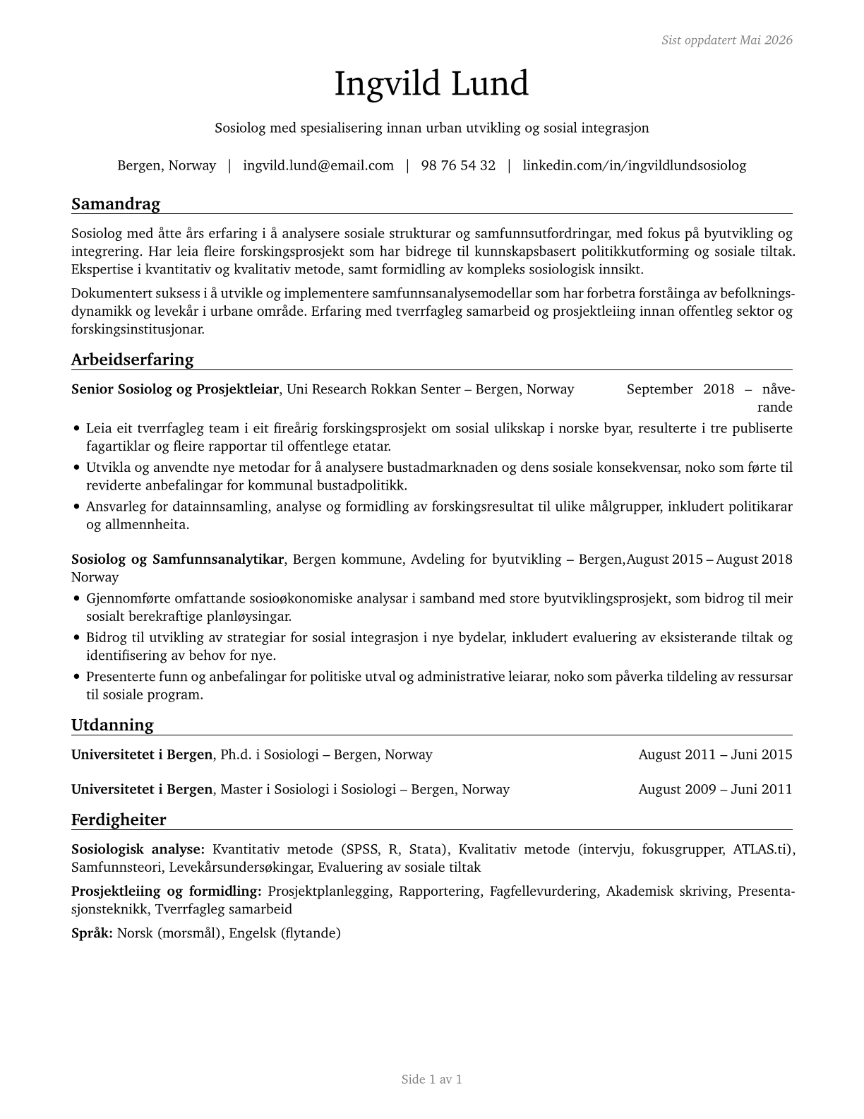 Sociologists CV in Norwegian_nynorsk — page 1