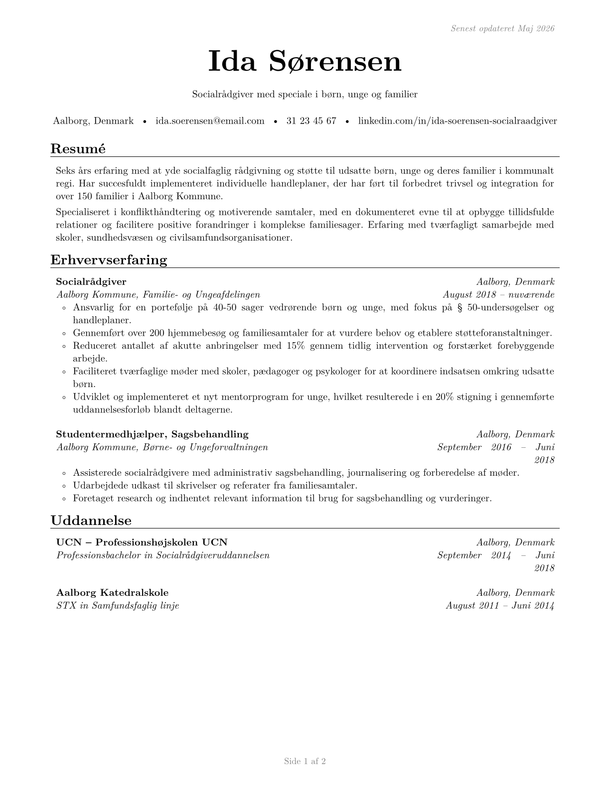 Child, Family, and School Social Workers CV in Danish — page 1