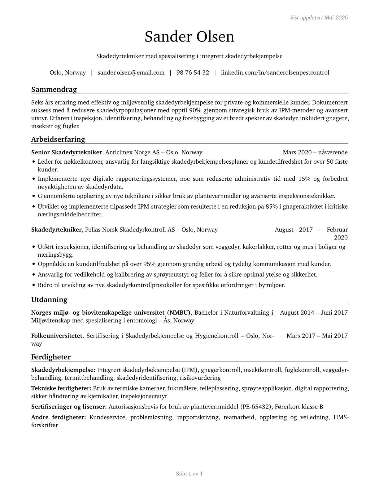 Pest Control Workers CV in Norwegian_bokmal — page 1