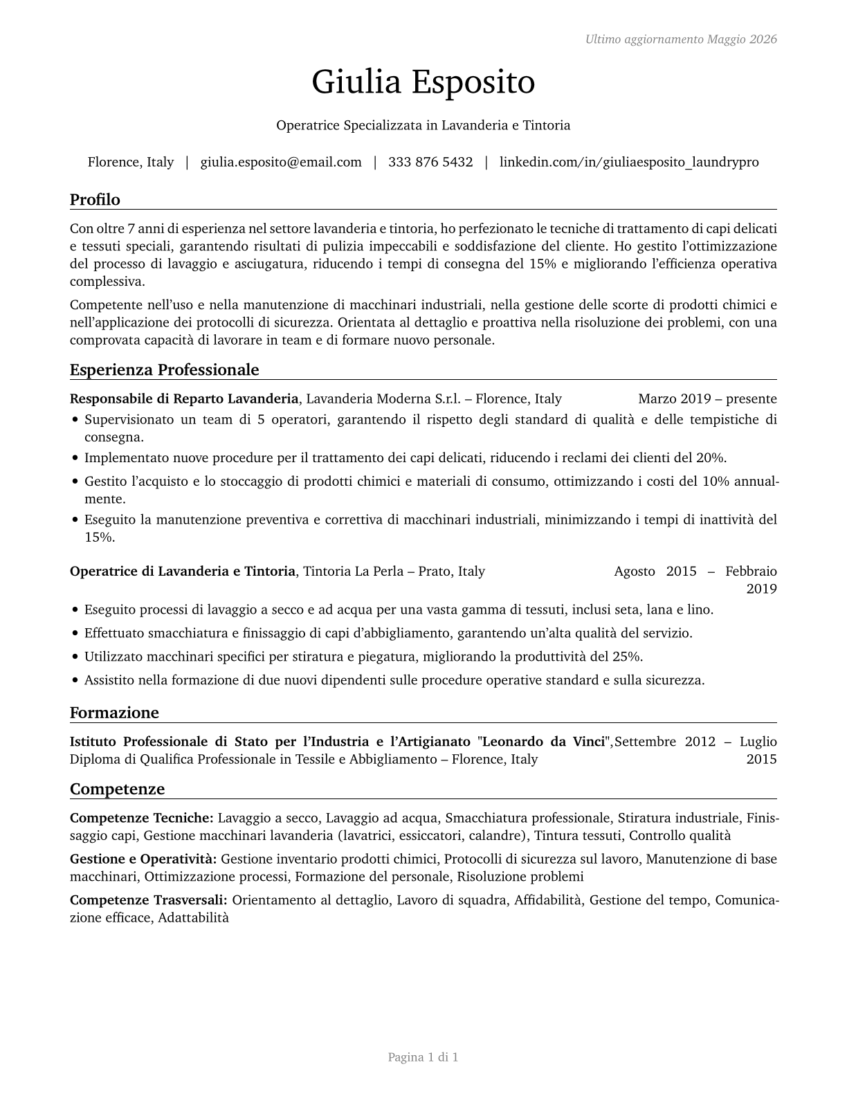 Laundry and Dry-Cleaning Workers CV in Italian — page 1